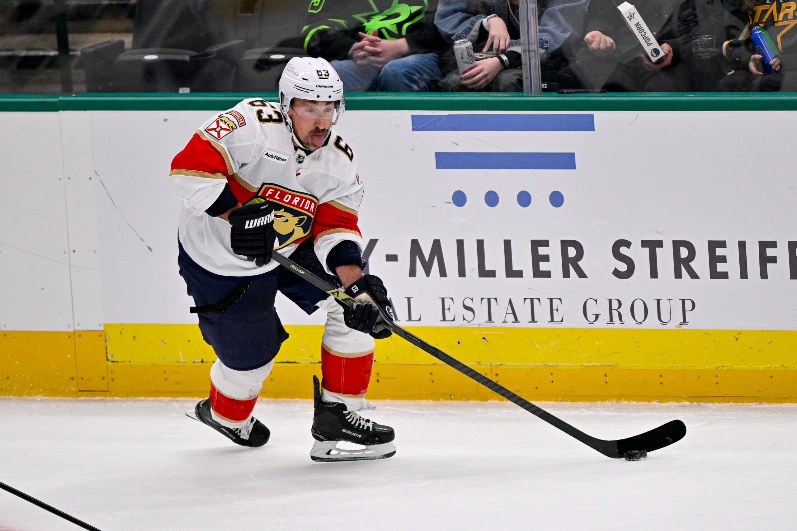 Dec 13, 2025; Dallas, Texas, USA; Florida Panthers left wing Brad Marchand (63) skates against the Dallas Stars during the game at the American Airlines Center. Mandatory Credit: Jerome Miron-Imagn Images