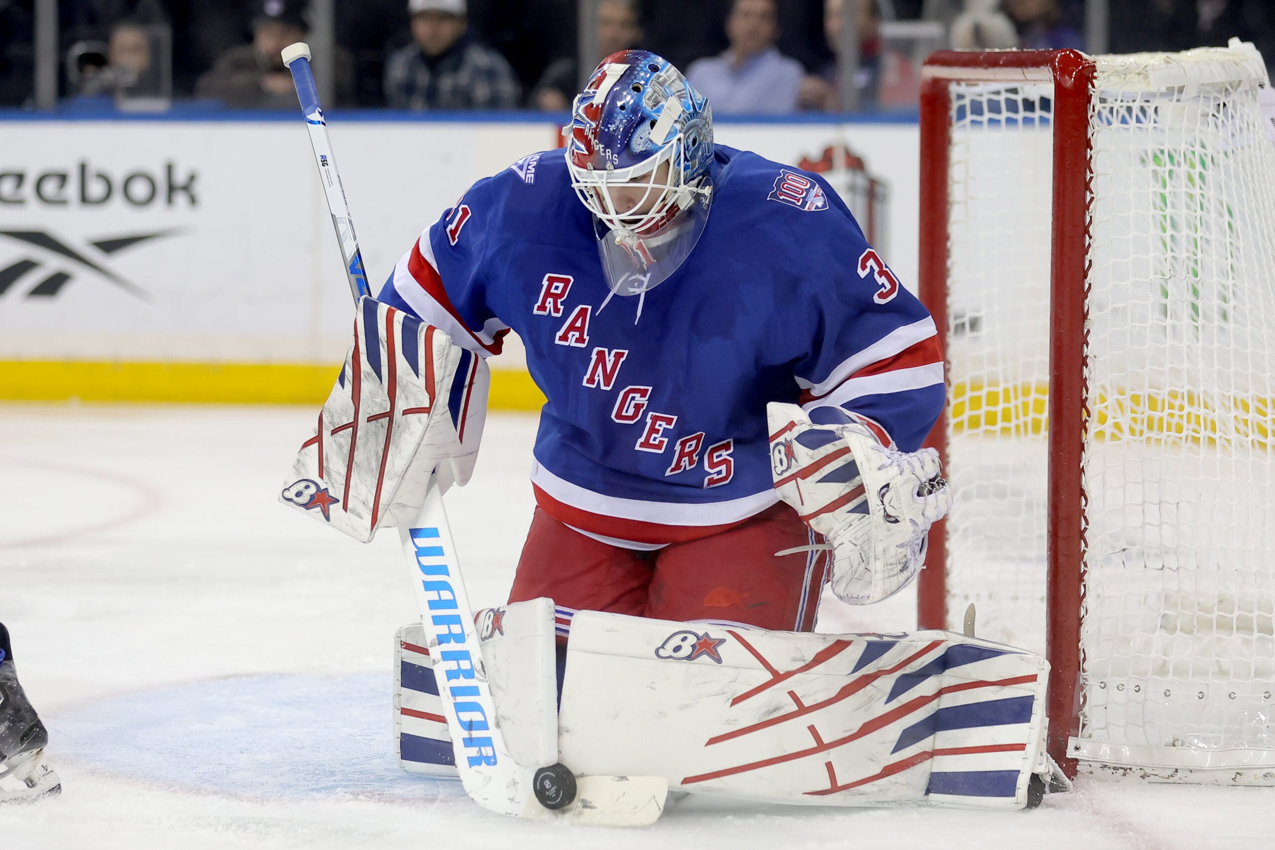 Dec 15, 2025; New York, New York, USA; New York Rangers goaltender Igor Shesterkin (31) makes a save against the Anaheim Ducks during the third period at Madison Square Garden. Mandatory Credit: Brad Penner-Imagn Images