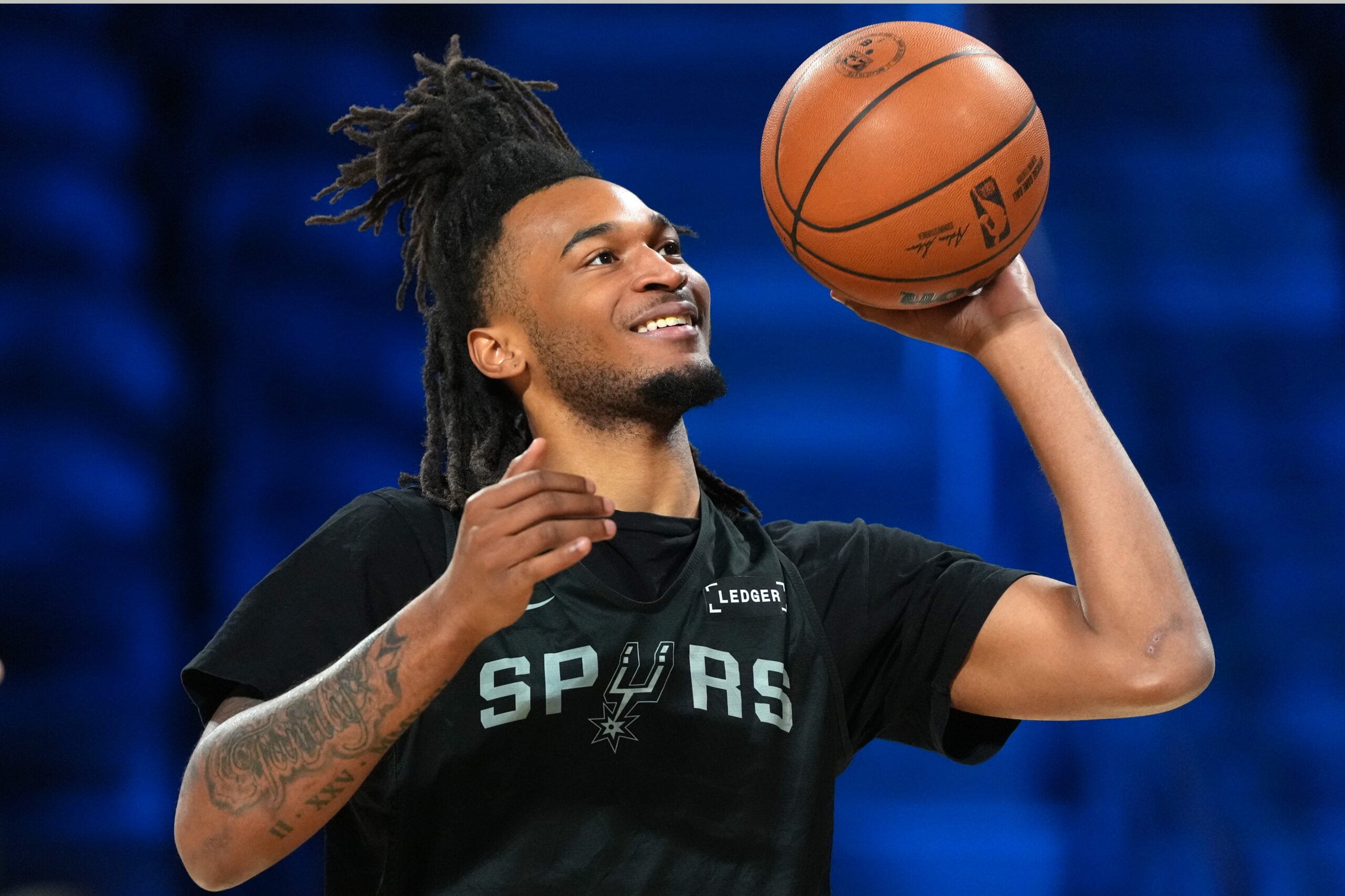 Dec 15, 2025; Las Vegas, NV, USA; San Antonio Spurs guard Devin Vassell (24) shoots the ball during practice prior to the Emirates NBA Cup championship at the T-Mobile Arena. Mandatory Credit: Kirby Lee-Imagn Images