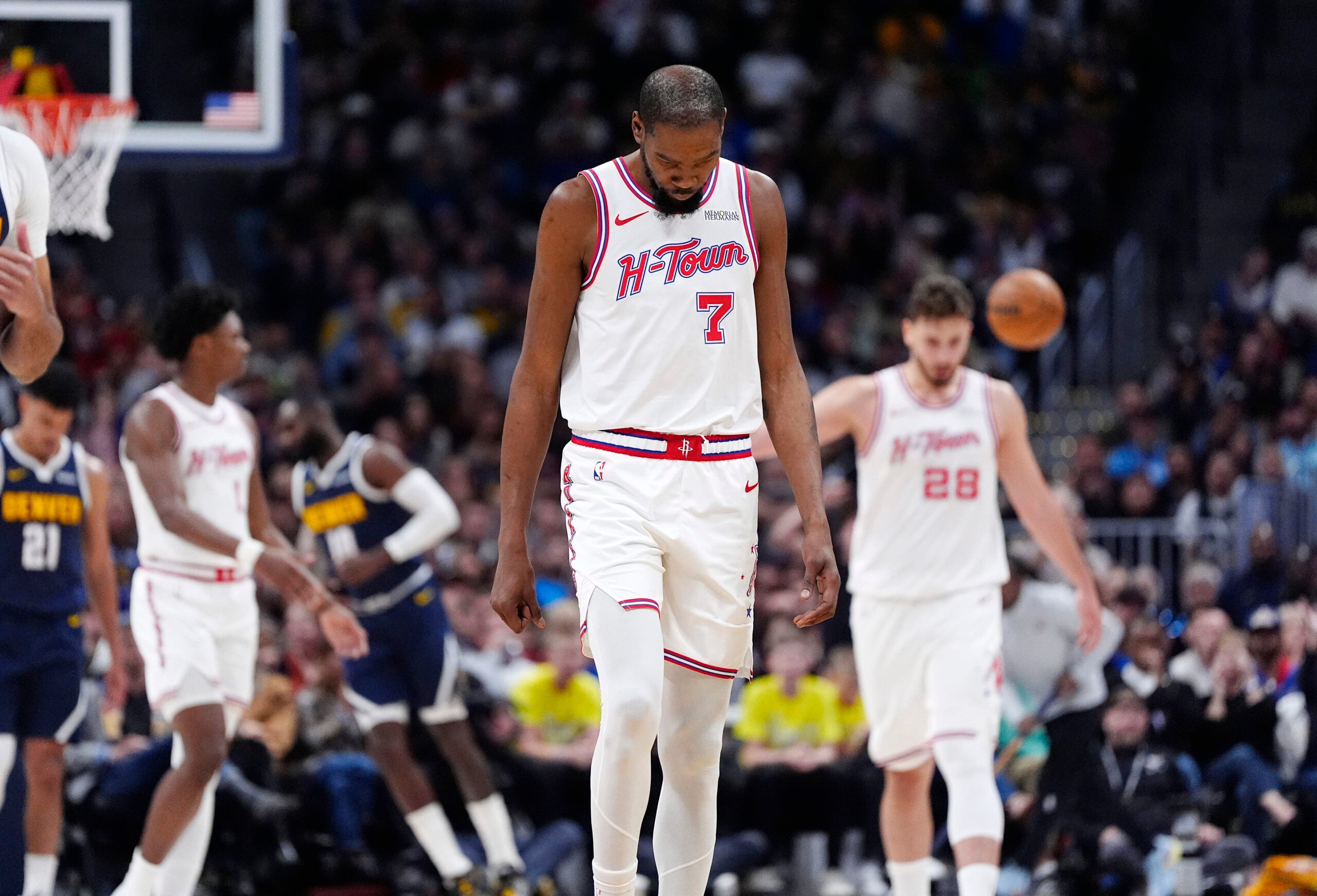 Dec 15, 2025; Denver, Colorado, USA; Houston Rockets forward Kevin Durant (7) reacts in the fourth quarter against the Denver Nuggets at Ball Arena. Mandatory Credit: Ron Chenoy-Imagn Images
