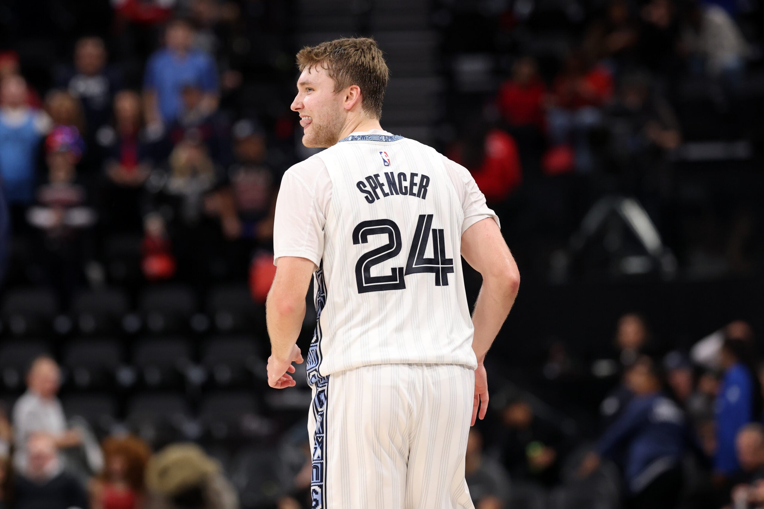 Dec 15, 2025; Inglewood, California, USA;  Memphis Grizzlies guard Cam Spencer (24) reacts during the second half against the Los Angeles Clippers at Intuit Dome. Mandatory Credit: Kiyoshi Mio-Imagn Images