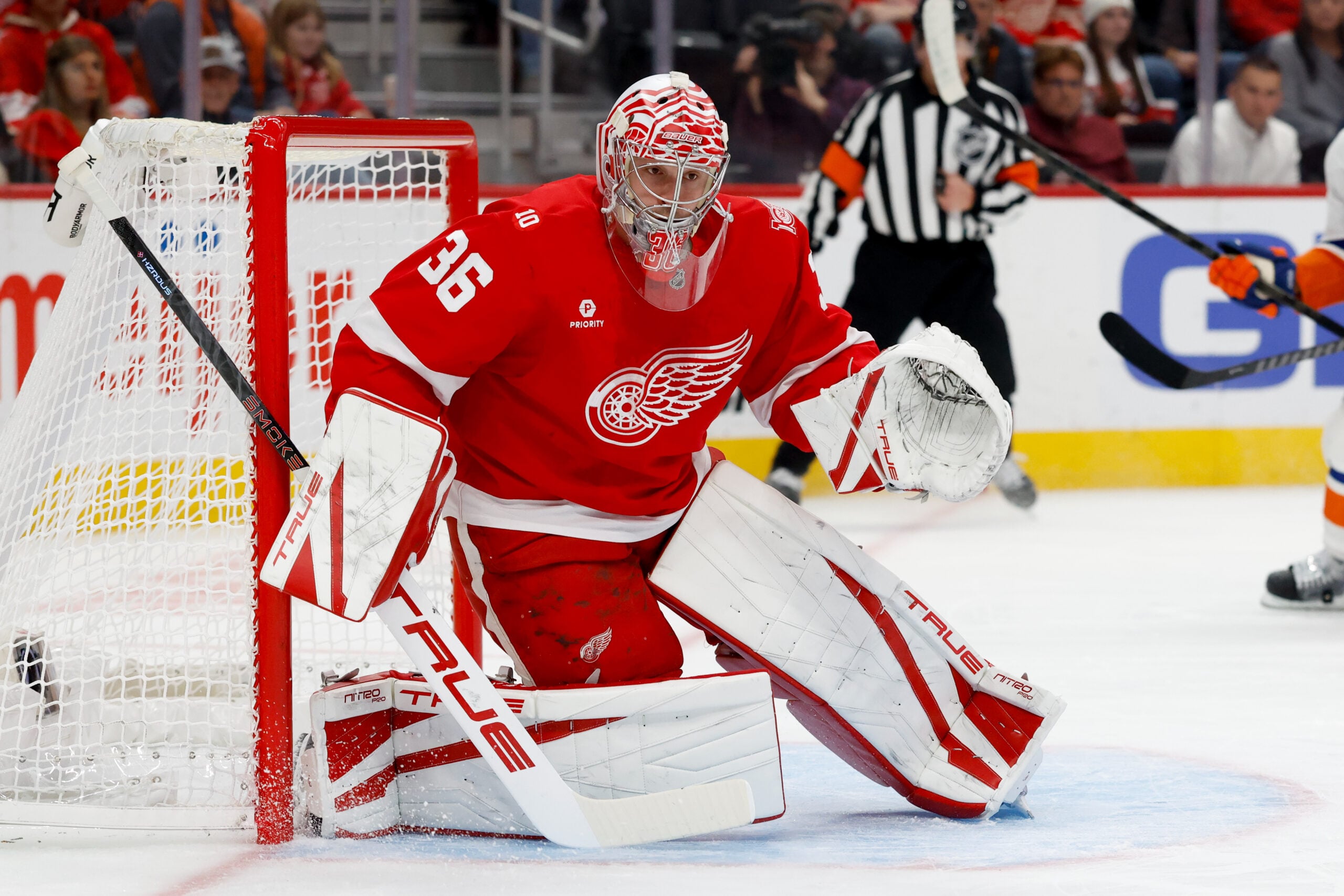 Dec 16, 2025; Detroit, Michigan, USA;  Detroit Red Wings goaltender John Gibson (36) tends goal in the first period against the New York Islanders at Little Caesars Arena. Mandatory Credit: Rick Osentoski-Imagn Images