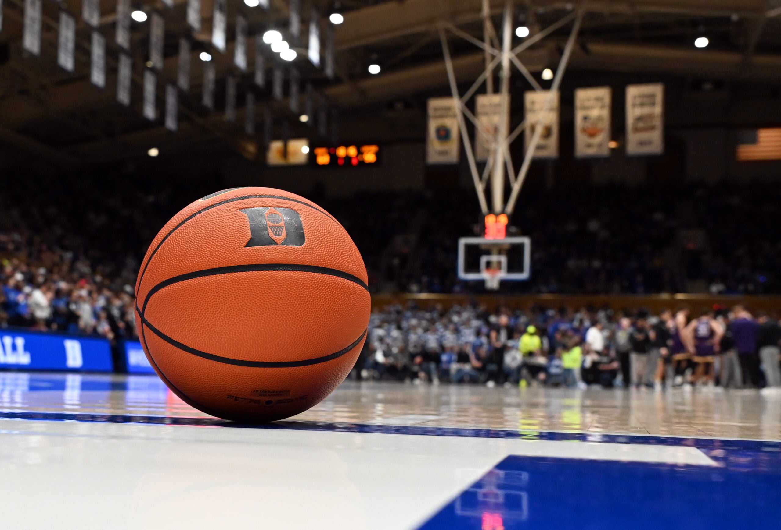 Dec 16, 2025; Durham, North Carolina, USA; A general view of the game ball during a break in the second half between the Duke Blue Devils and Lipscomb Bisons at Cameron Indoor Stadium. The Blue Devils won 97-73. Mandatory Credit: Rob Kinnan-Imagn Images