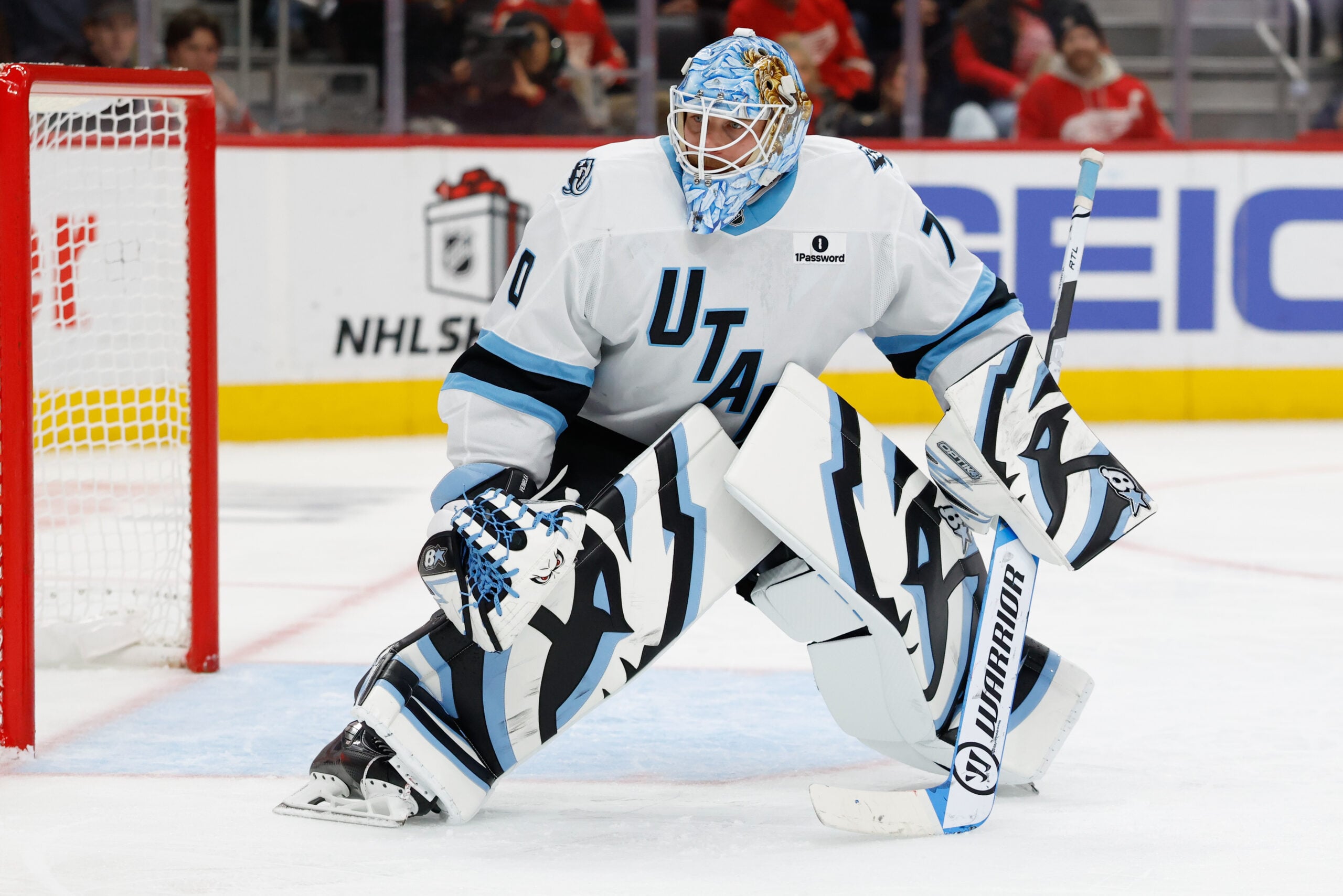 Dec 17, 2025; Detroit, Michigan, USA;  Utah Mammoth goaltender Karel Vejmelka (70) tends goal in the second period against the Detroit Red Wings at Little Caesars Arena. Mandatory Credit: Rick Osentoski-Imagn Images
