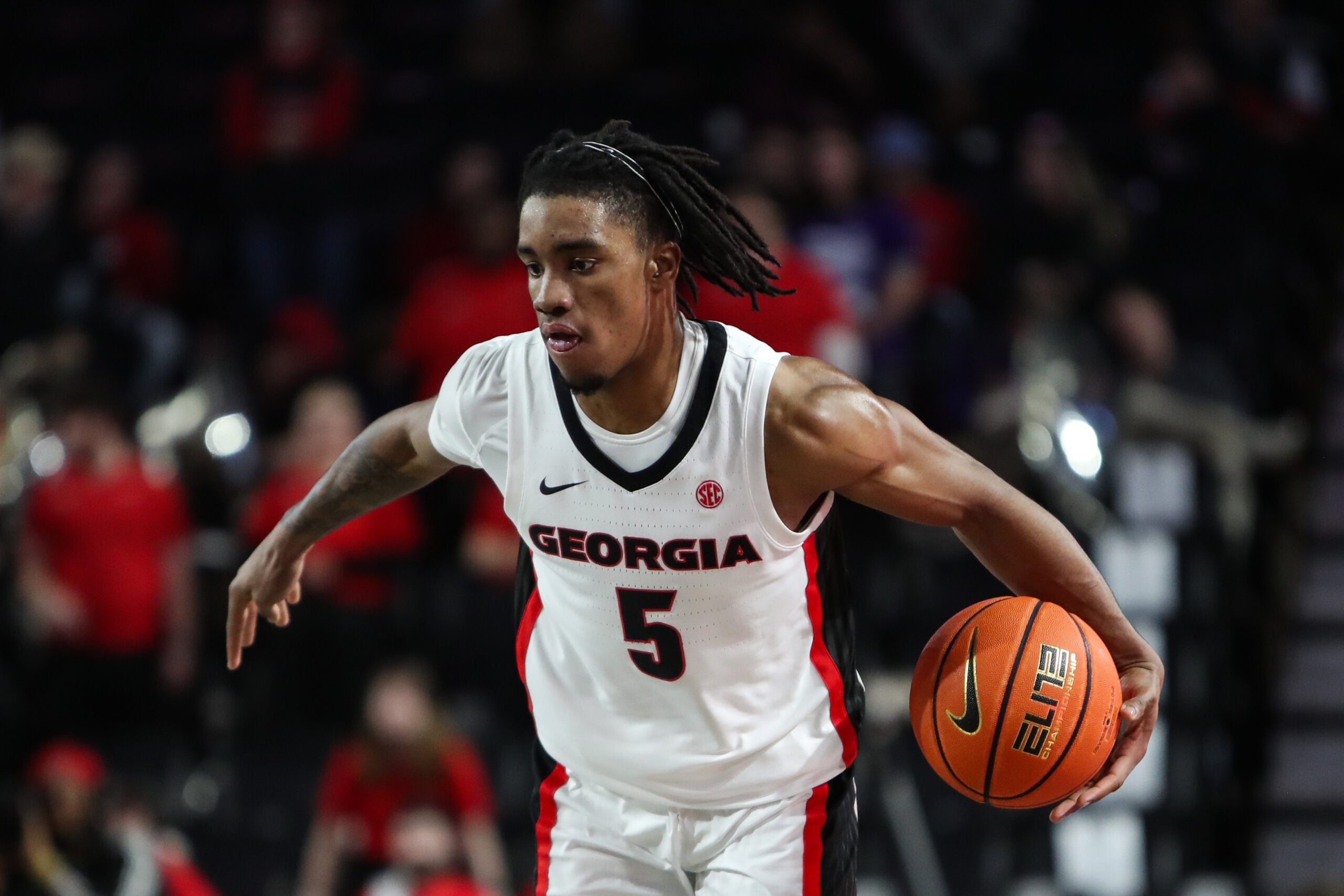 Dec 18, 2025; Athens, Georgia, USA; Georgia Bulldogs guard Jeremiah Wilkinson (5) dribbles against the Western Carolina Catamounts in the second half at Stegeman Coliseum. Mandatory Credit: Mady Mertens-Imagn Images