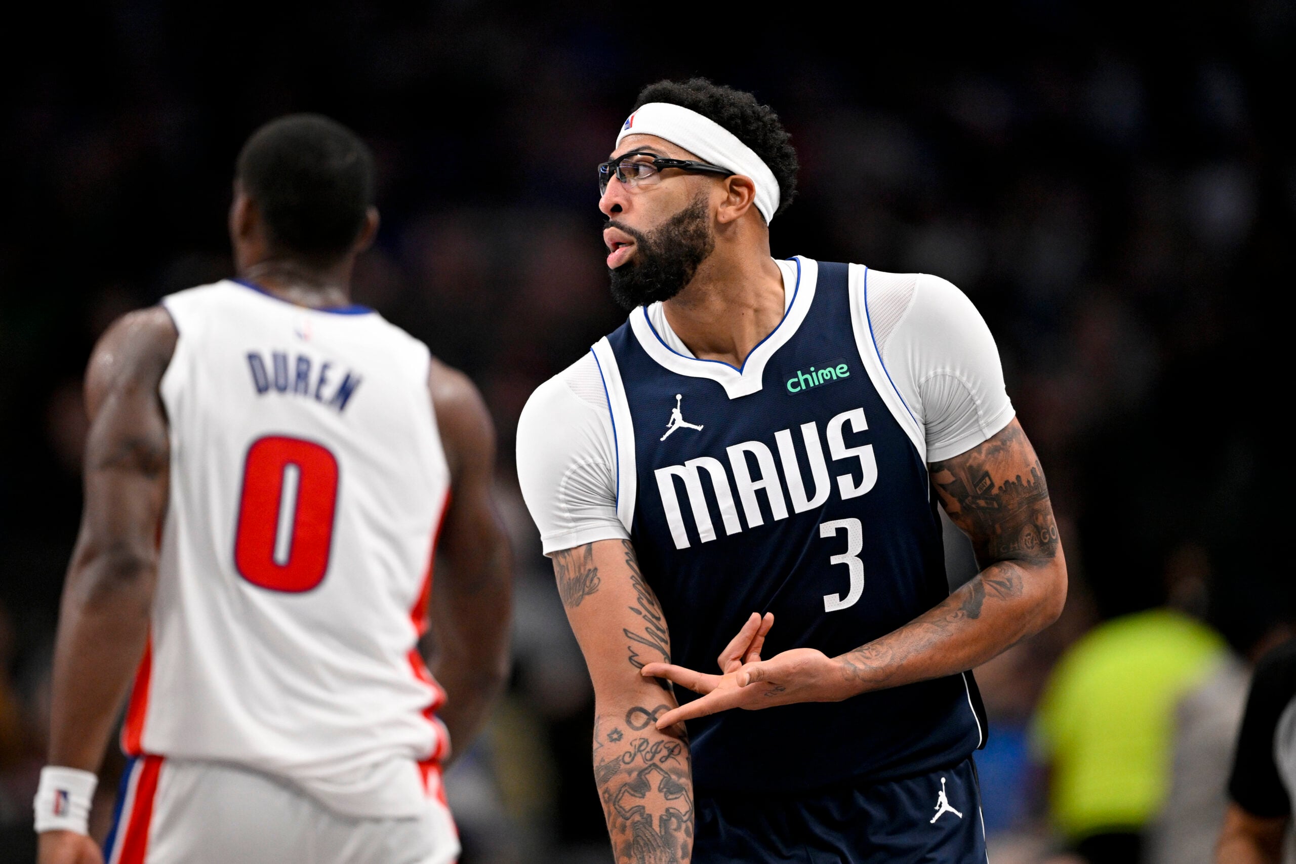 Dec 18, 2025; Dallas, Texas, USA; Dallas Mavericks forward Anthony Davis (3) celebrates after making a three point basket against the Detroit Pistons during the second half at the American Airlines Center. Mandatory Credit: Jerome Miron-Imagn Images