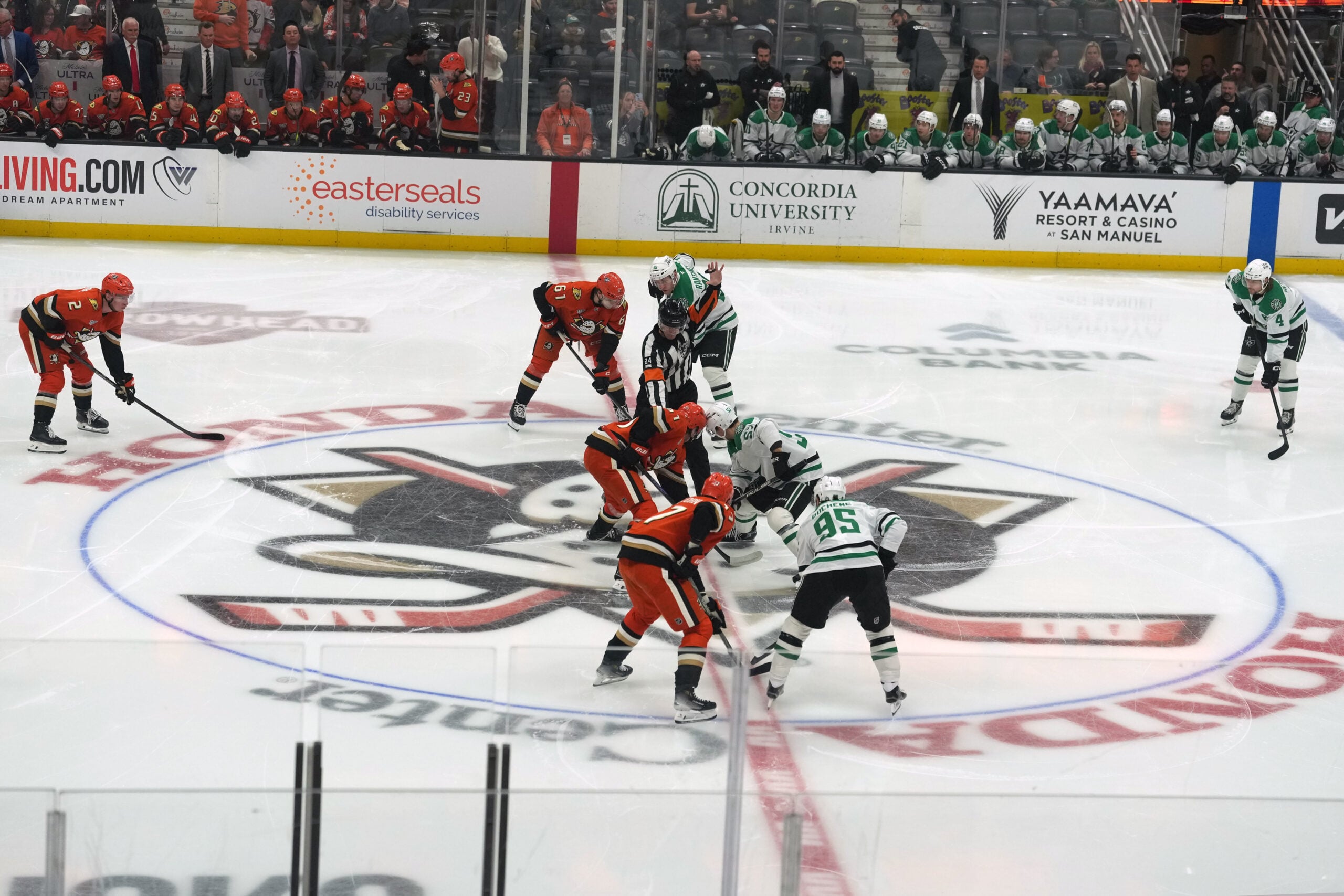 Dec 19, 2025; Anaheim, California, USA; A general overall view of the opening faceoff between Anaheim Ducks center Leo Carlsson (91) and Dallas Stars center Wyatt Johnston (53) at the Honda Center. Mandatory Credit: Kirby Lee-Imagn Images