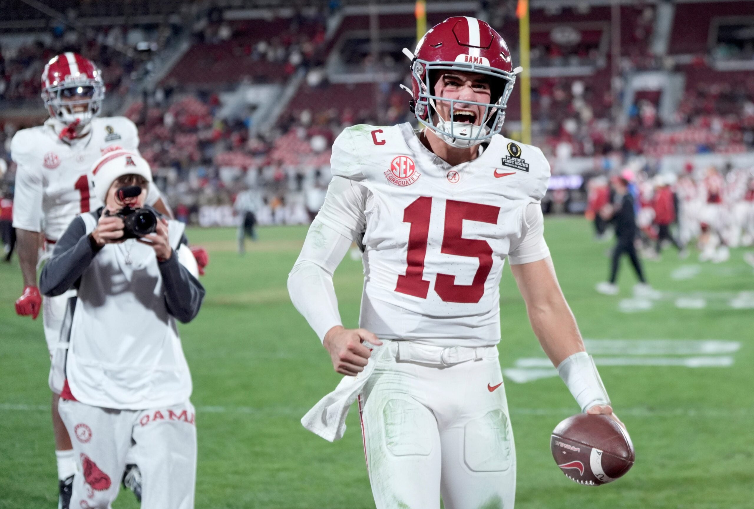 Alabama's Ty Simpson (15) celebrates following the College Football Playoff game between the University of Oklahoma Sooners (OU) and the Alabama Crimson Tide at the Gaylord Family – Oklahoma Memorial Stadium in Norman, Okla., Friday Dec. 19, 2025.