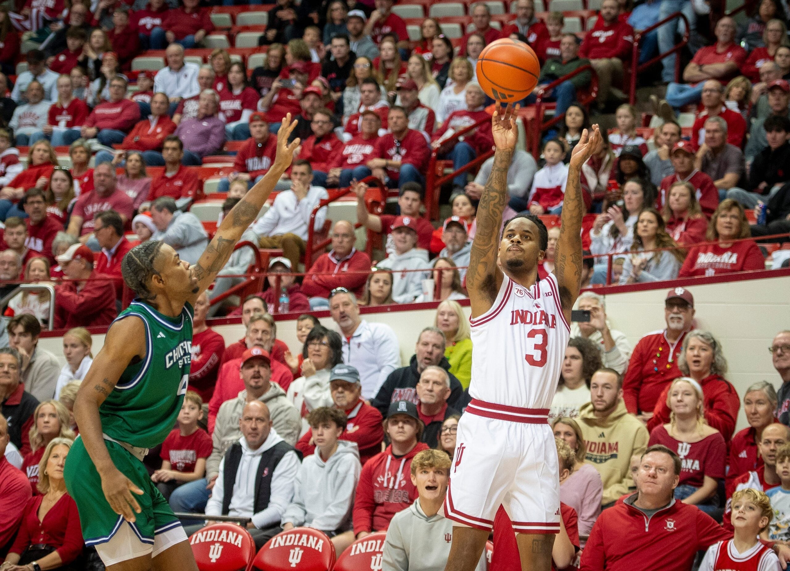 Indiana's Lamar Wilkerson (3) makes a three-pointer during the Indiana versus Chicago State men's basketball game at Simon Skjodt Assembly Hall on Saturday, Dec. 20, 2025.
