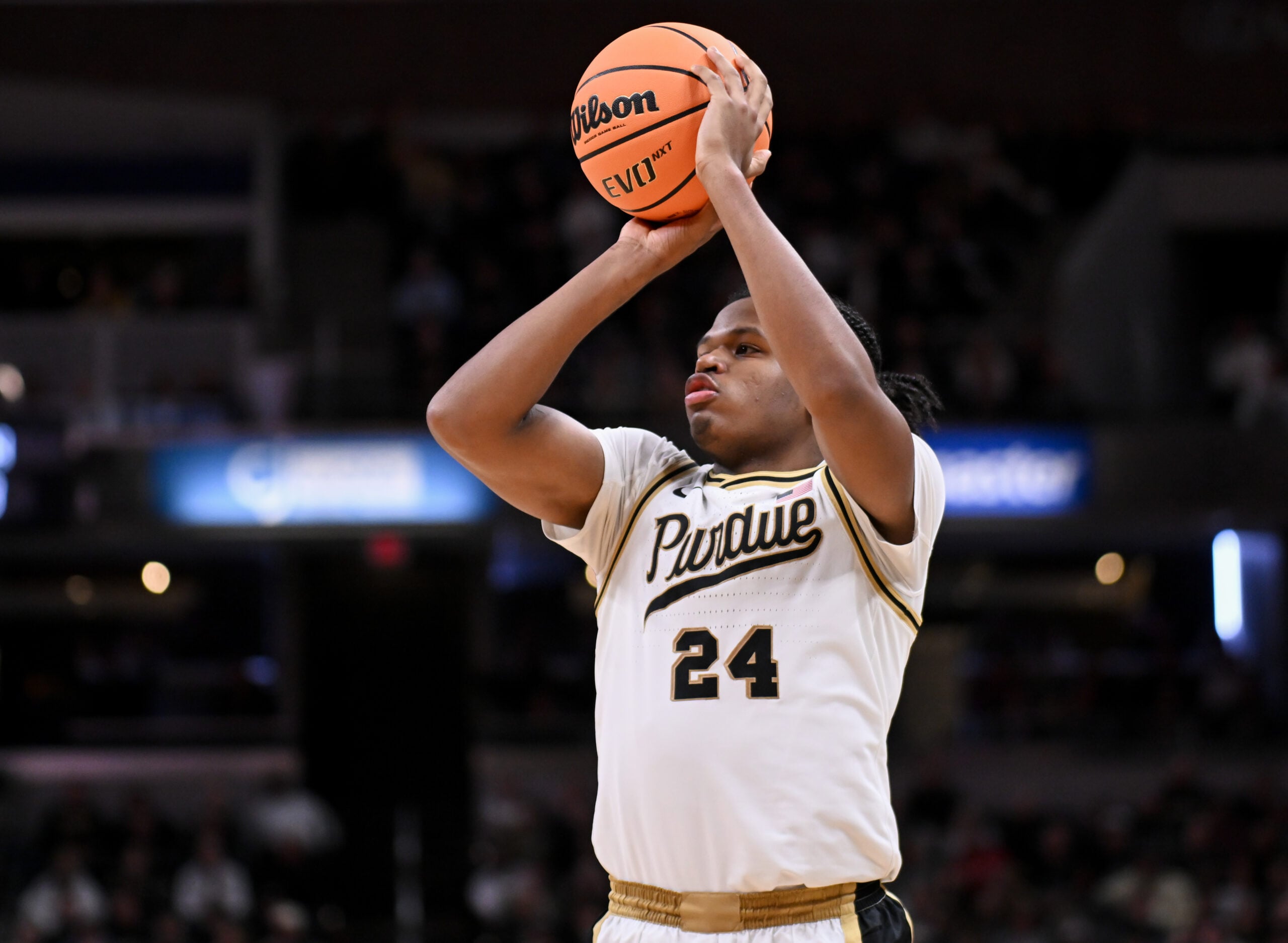Dec 20, 2025; Indianapolis, Indiana, USA; Purdue Boilermakers guard Gicarri Harris (24) shoots the ball during the second half against the Auburn Tigers at Gainbridge Fieldhouse. Mandatory Credit: Robert Goddin-Imagn Images