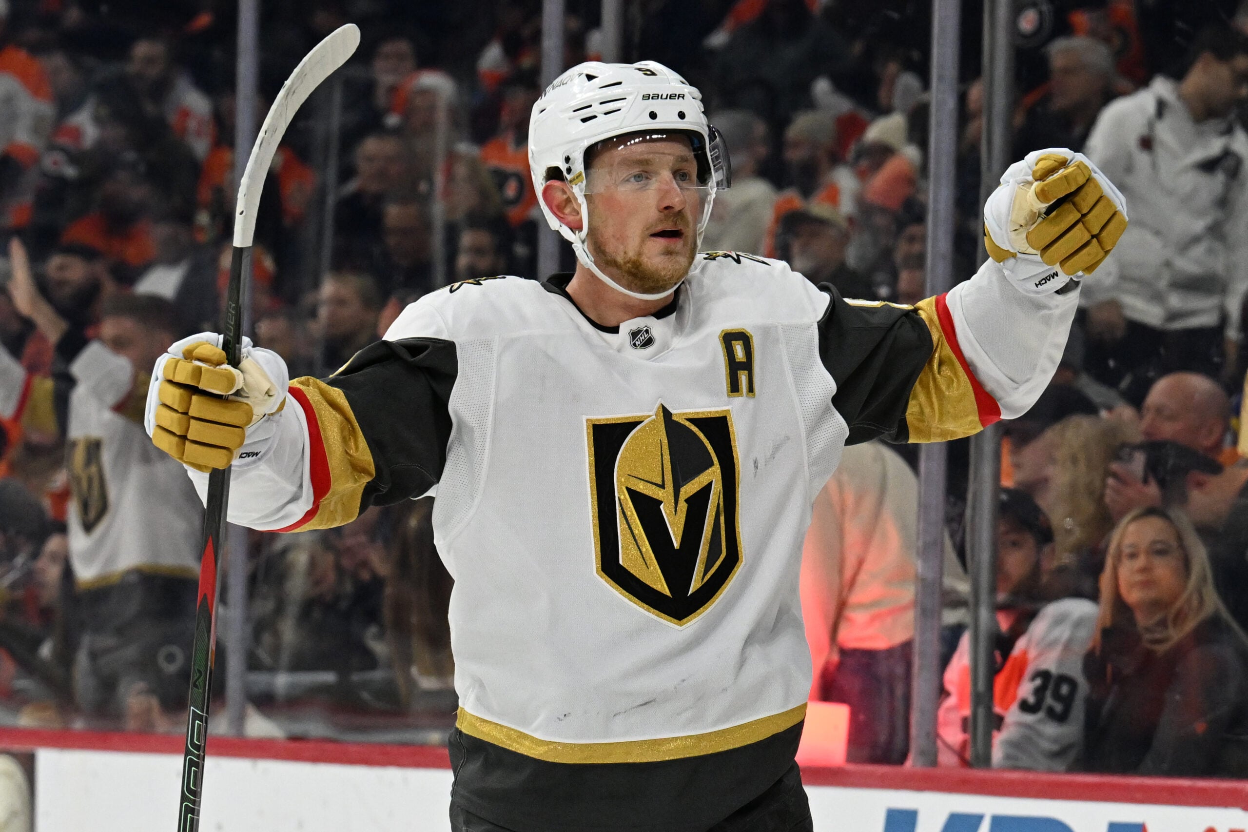 Dec 11, 2025; Philadelphia, Pennsylvania, USA; Vegas Golden Knights center Jack Eichel (9) against the Philadelphia Flyers at Xfinity Mobile Arena. Mandatory Credit: Eric Hartline-Imagn Images