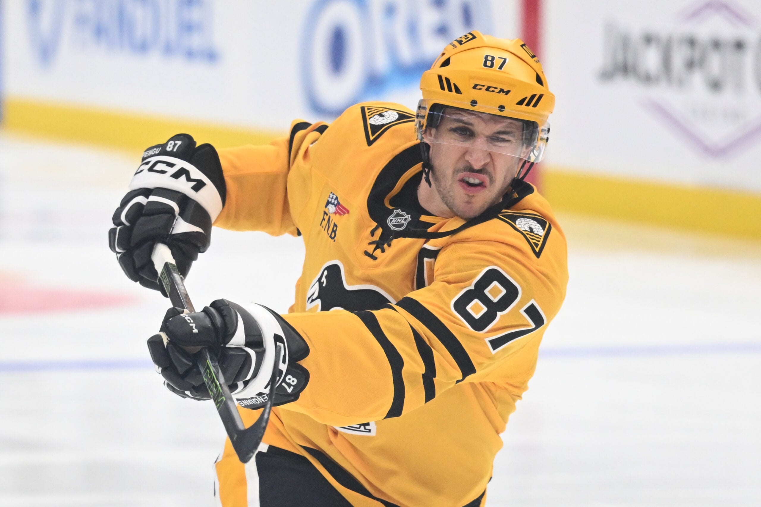 Dec 23, 2025; Toronto, Ontario, CAN;  Pittsburgh Penguins forward Sidney Crosby (87) warms up before playing the Toronto Maple Leafs at Scotiabank Arena. Mandatory Credit: Dan Hamilton-Imagn Images