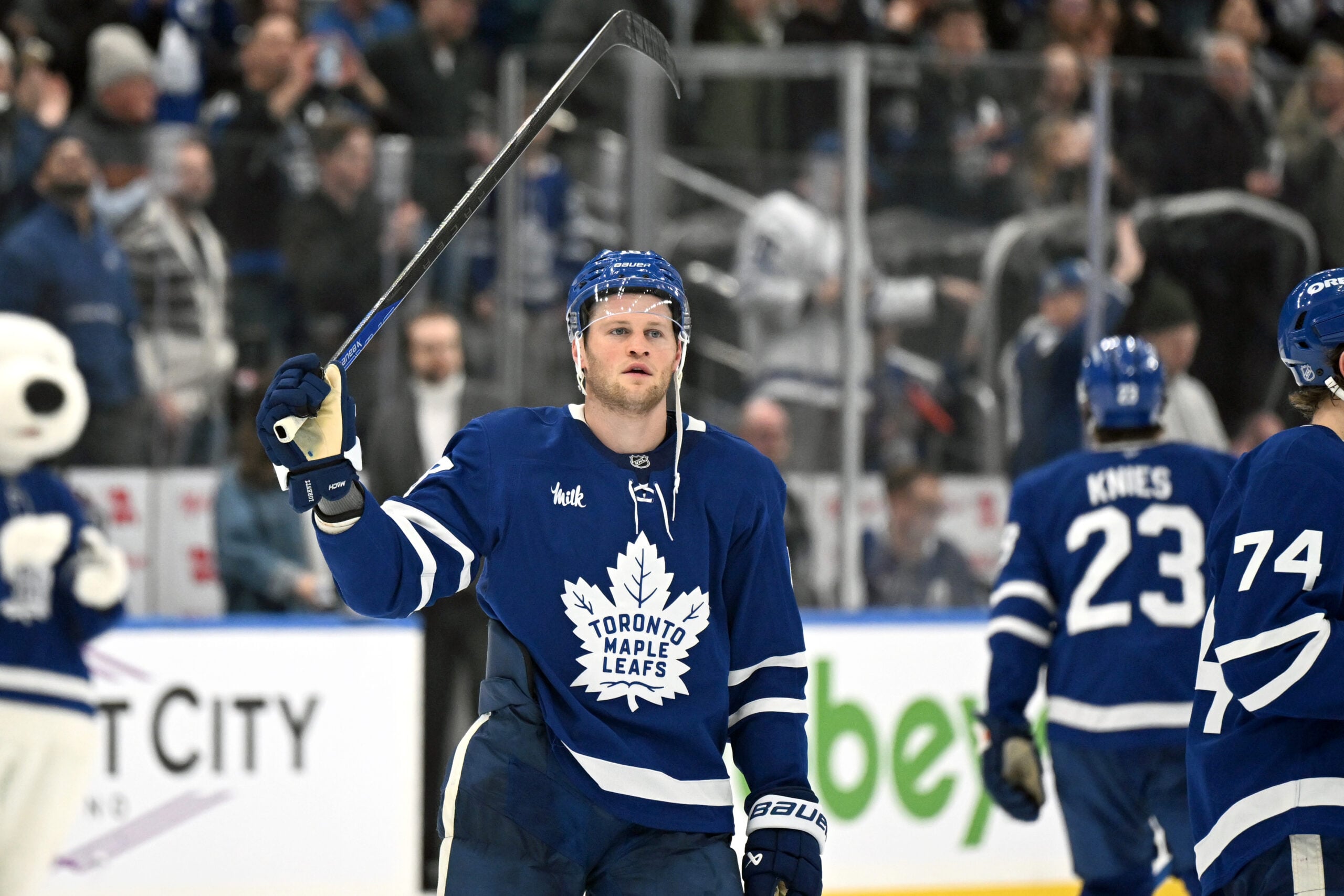 Dec 23, 2025; Toronto, Ontario, CAN;  Toronto Maple Leafs forward Stephen Lorentz (18) salutes fans after a win over the Pittsburgh Penguins at Scotiabank Arena. Mandatory Credit: Dan Hamilton-Imagn Images