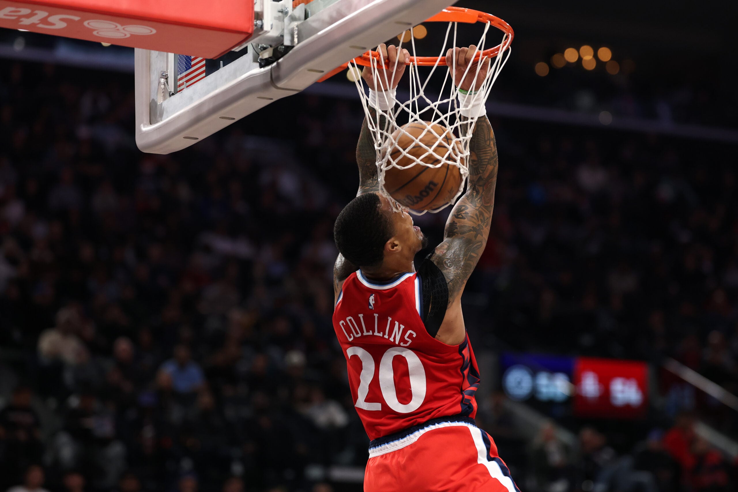 Dec 23, 2025; Inglewood, California, USA;  Los Angeles Clippers forward John Collins (20) dunks the ball during the first half against the Houston Rockets at Intuit Dome. Mandatory Credit: Kiyoshi Mio-Imagn Images