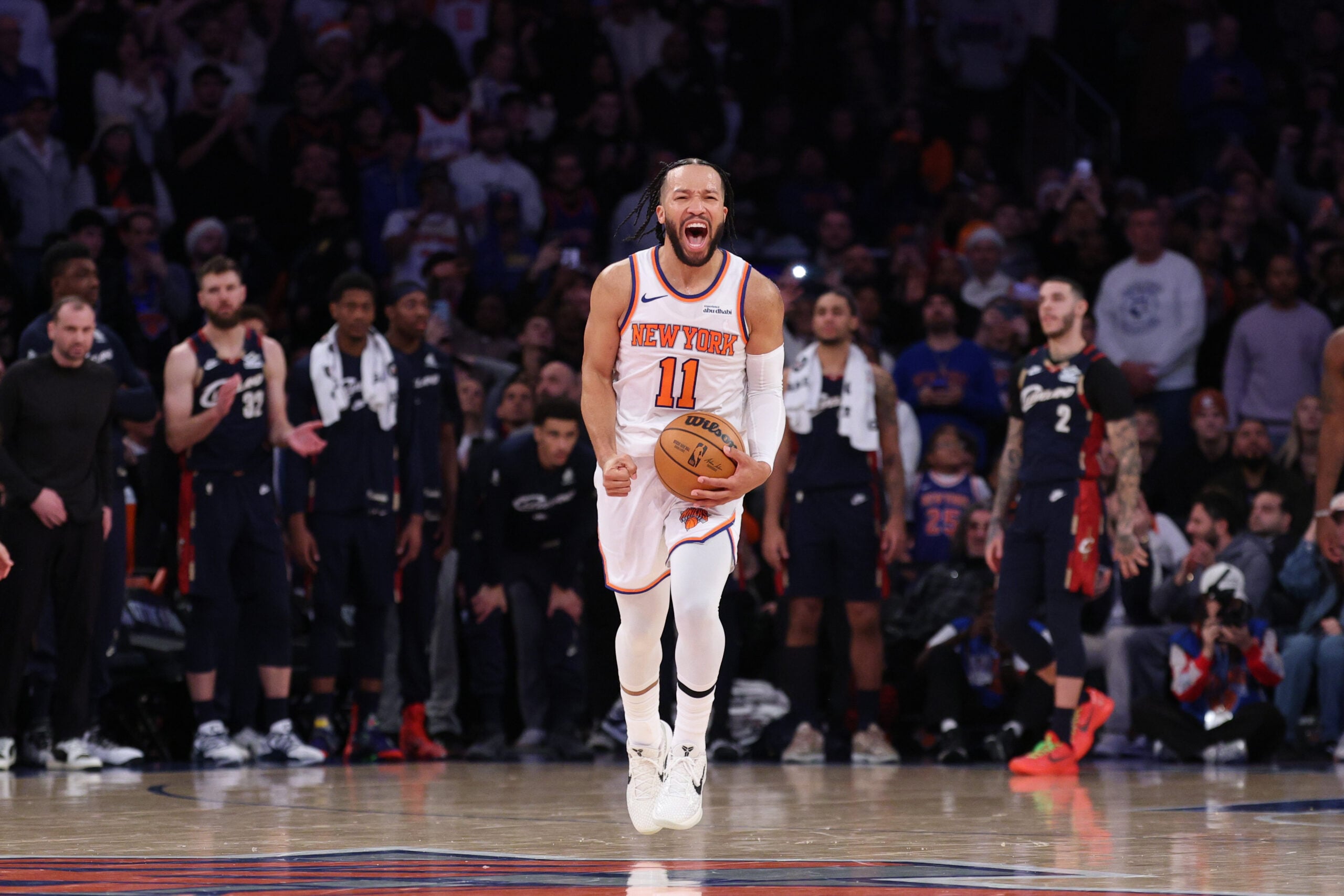 Dec 25, 2025; New York, New York, USA; New York Knicks guard Jalen Brunson (11) reacts during the fourth quarter against the Cleveland Cavaliers at Madison Square Garden. Mandatory Credit: Vincent Carchietta-Imagn Images