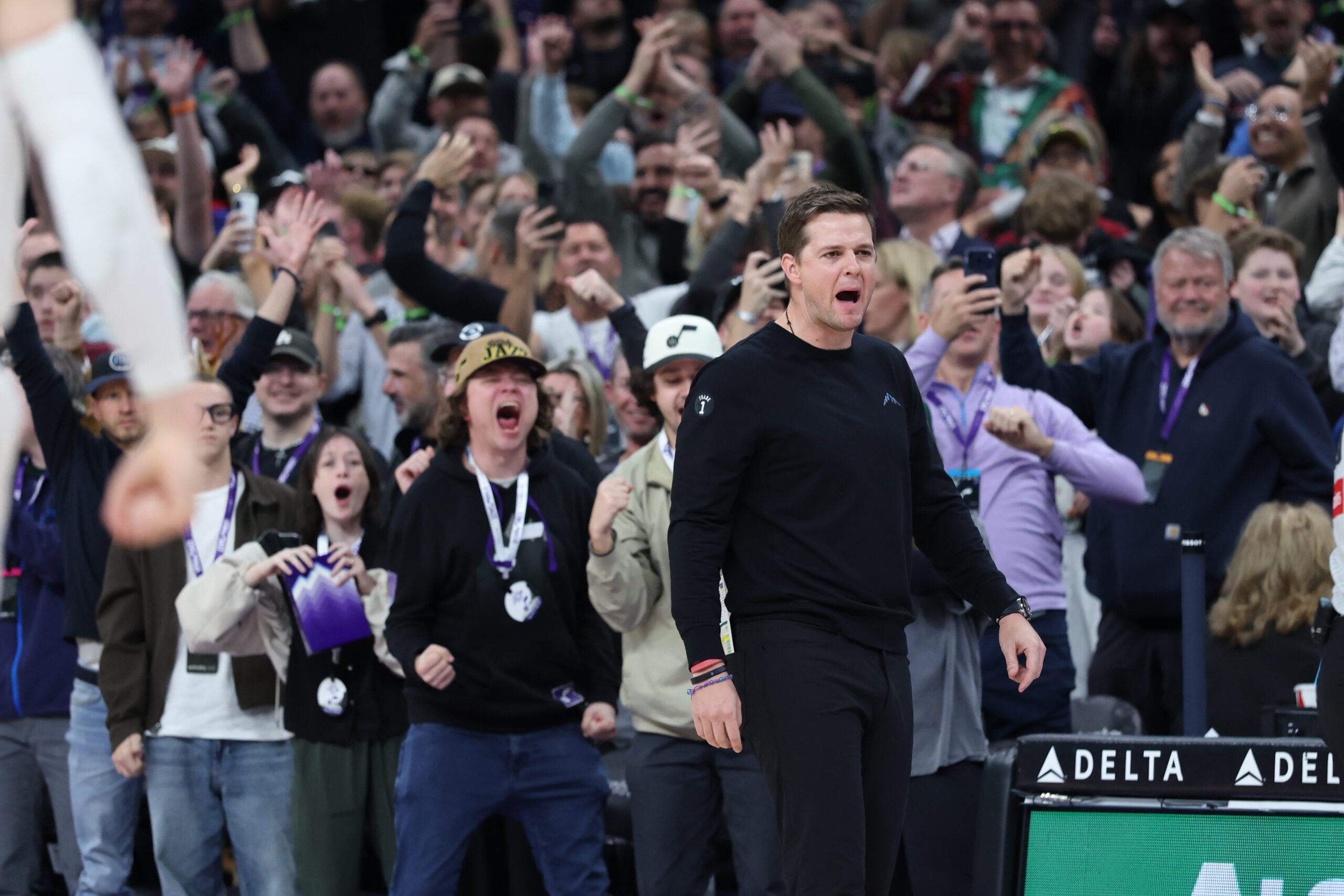 Dec 26, 2025; Salt Lake City, Utah, USA; Utah Jazz head coach Will Hardy reacts after a basket against the Detroit Pistons in the last minute of the game at Delta Center. Mandatory Credit: Rob Gray-Imagn Images