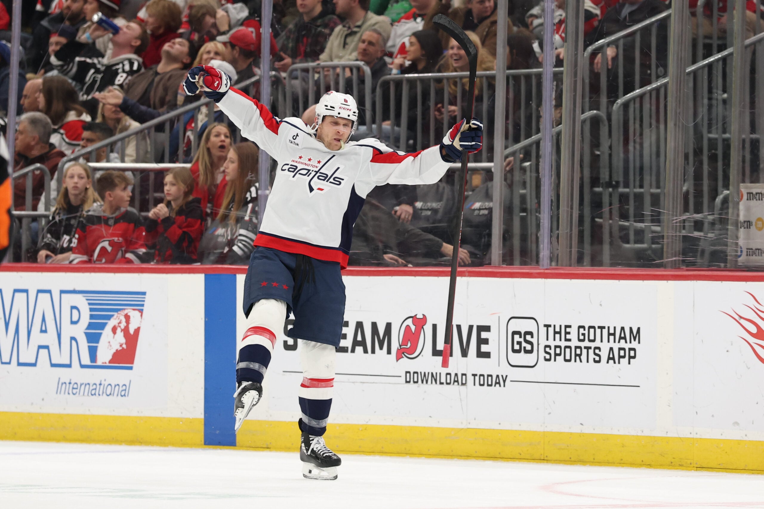 Dec 27, 2025; Newark, New Jersey, USA; Washington Capitals defenseman Jakob Chychrun (6) celebrates his game winning goal against the New Jersey Devils in overtime at Prudential Center. Mandatory Credit: Ed Mulholland-Imagn Images