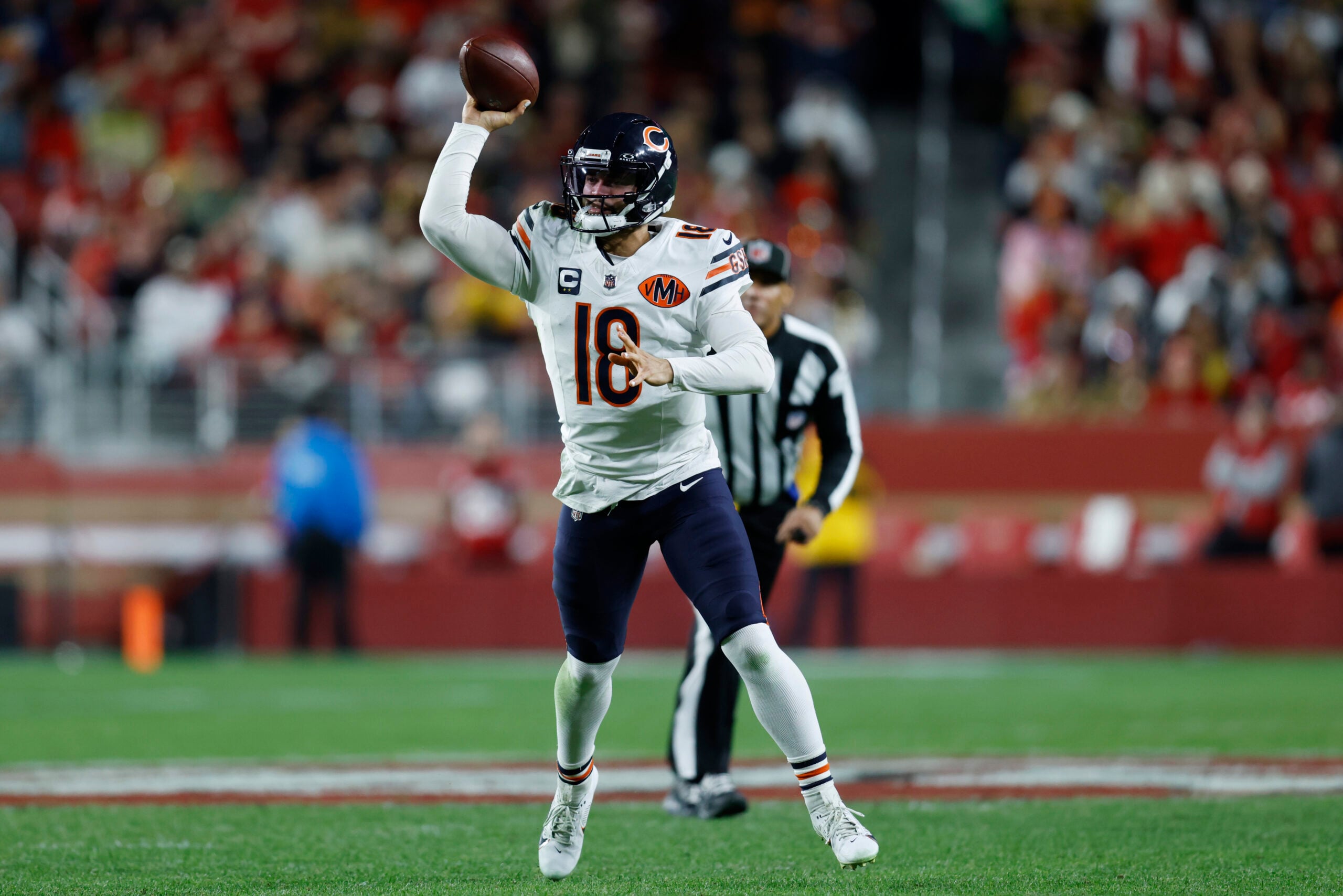 Dec 28, 2025; Santa Clara, California, USA; Chicago Bears quarterback Caleb Williams (18) throws a pass against the San Francisco 49ers in the second half at Levi's Stadium. Mandatory Credit: Sergio Estrada-Imagn Images