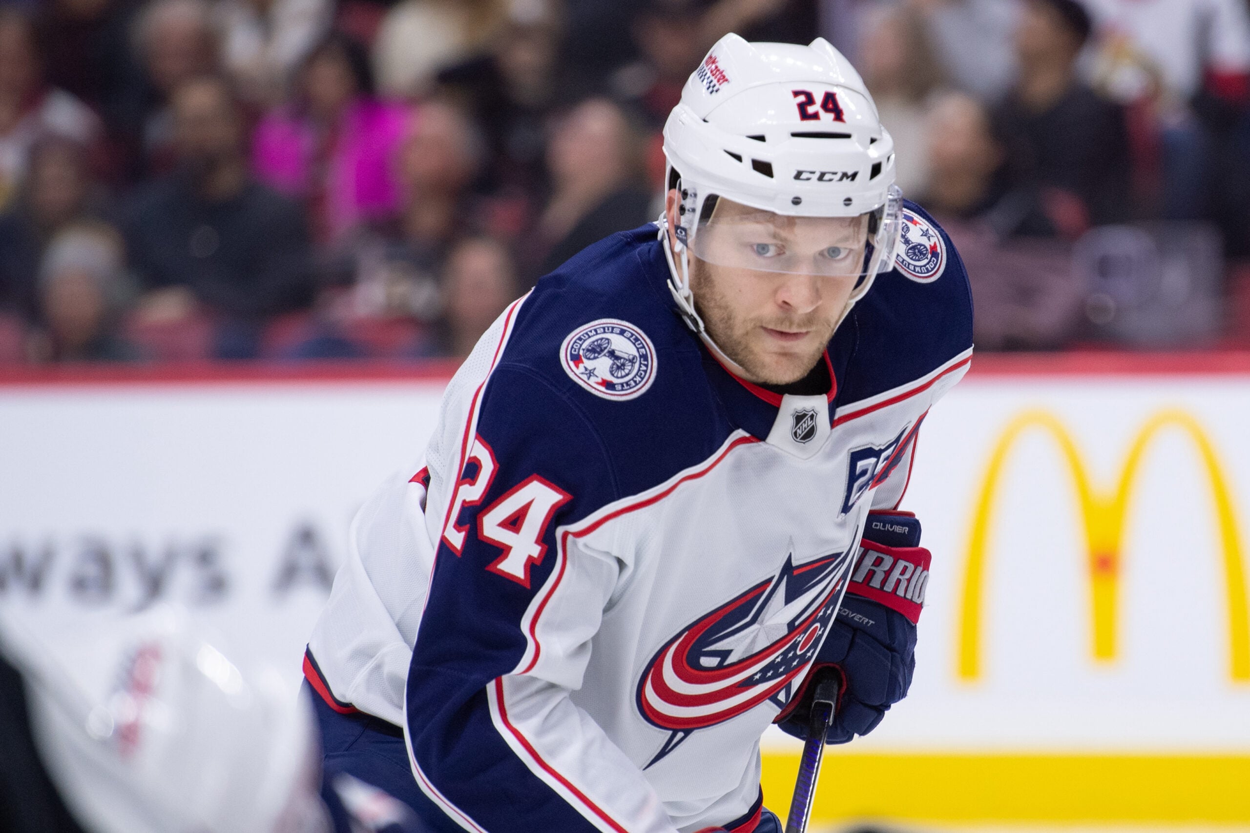 Dec 29, 2025; Ottawa, Ontario, CAN; Columbus Blue Jackets right wing Mathieu Olivier (24) gets in position for a faceoff in the second period against the Ottawa Senators at the Canadian Tire Centre. Mandatory Credit: Marc DesRosiers-IMAGN Images