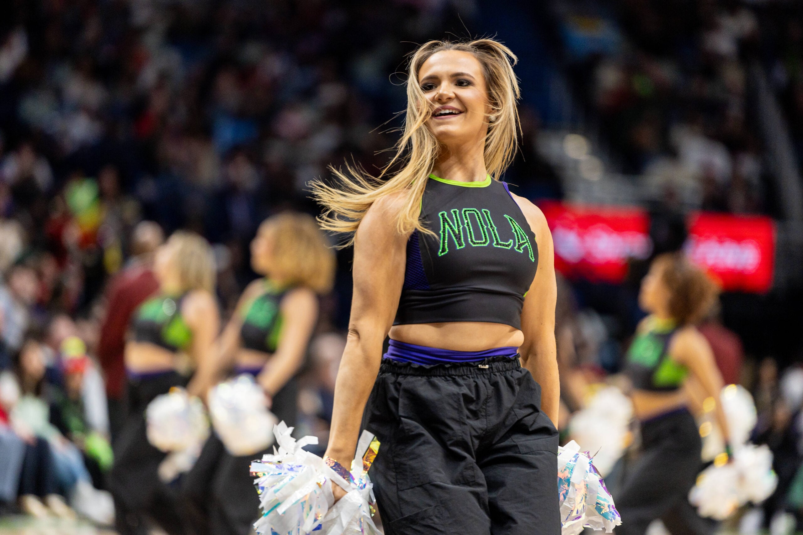 Dec 29, 2025; New Orleans, Louisiana, USA;  New Orleans Pelicans PelSquard entertains the fans on a time out against the New York Knicks during the second half at Smoothie King Center. Mandatory Credit: Stephen Lew-Imagn Images