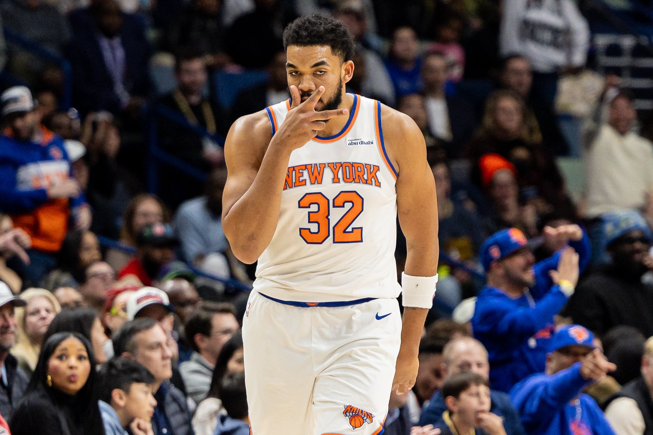 Dec 29, 2025; New Orleans, Louisiana, USA;  New York Knicks center/forward Karl-Anthony Towns (32) reacts to a play against the New Orleans Pelicans during the second half at Smoothie King Center. Mandatory Credit: Stephen Lew-Imagn Images