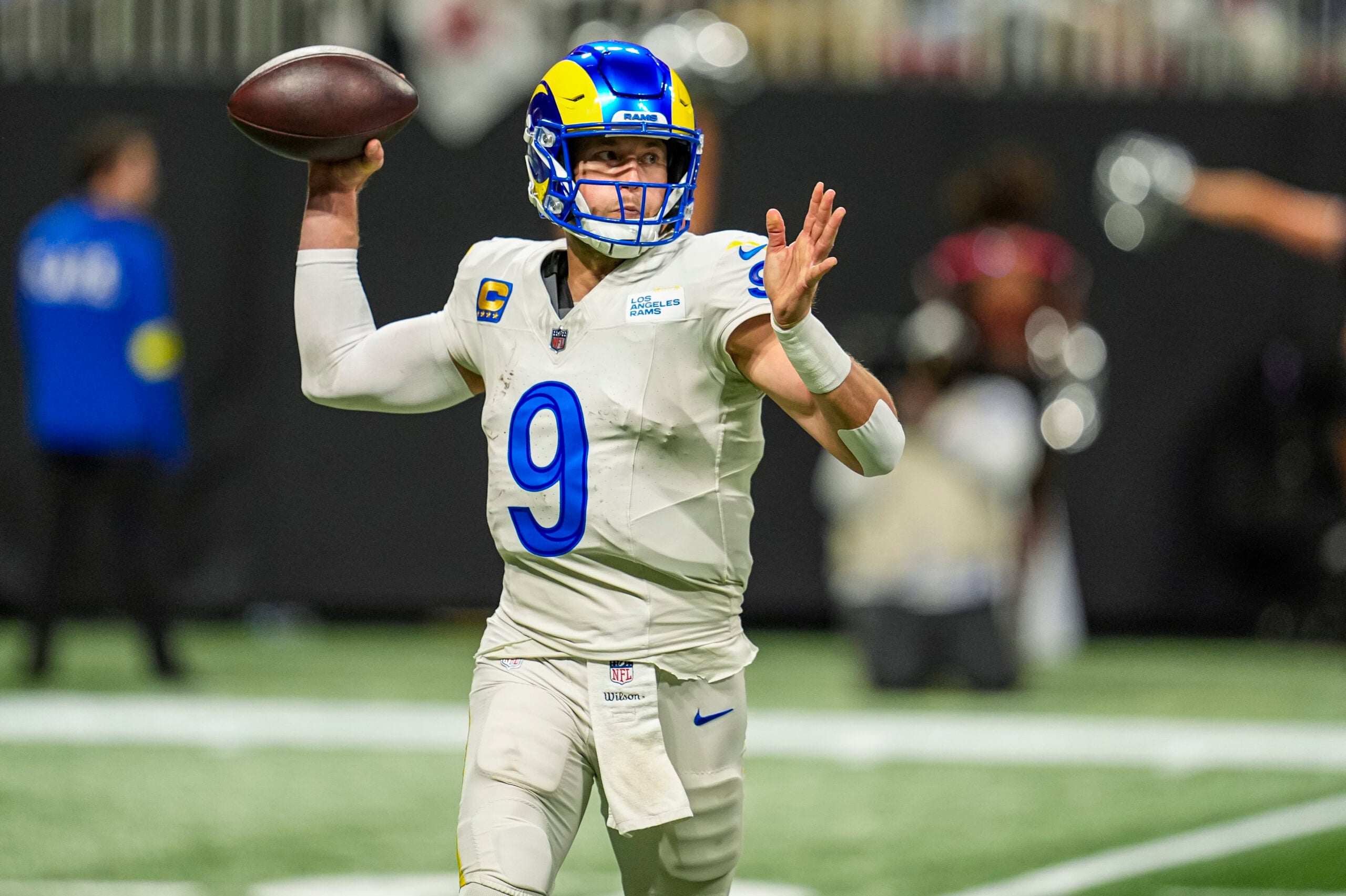 Dec 29, 2025; Atlanta, Georgia, USA; Los Angeles Rams quarterback Matthew Stafford (9) passes against the Atlanta Falcons during the second half at Mercedes-Benz Stadium. Mandatory Credit: Dale Zanine-Imagn Images