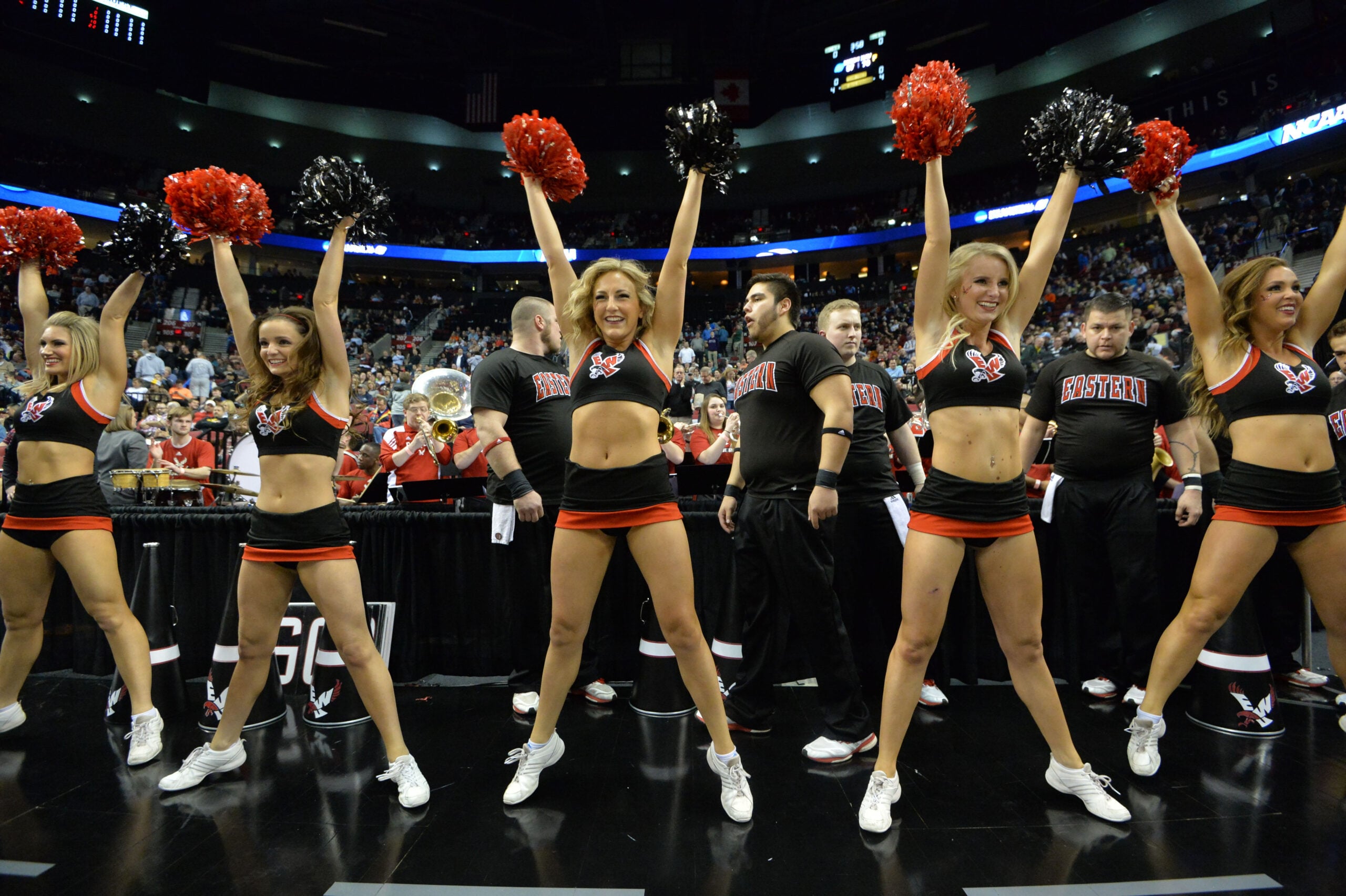 Mar 19, 2015; Portland, OR, USA; Eastern Washington Eagles cheerleaders perform before the game against the Georgetown Hoyas in the second round of the 2015 NCAA Tournament at Moda Center. Mandatory Credit: Kirby Lee-Imagn Images