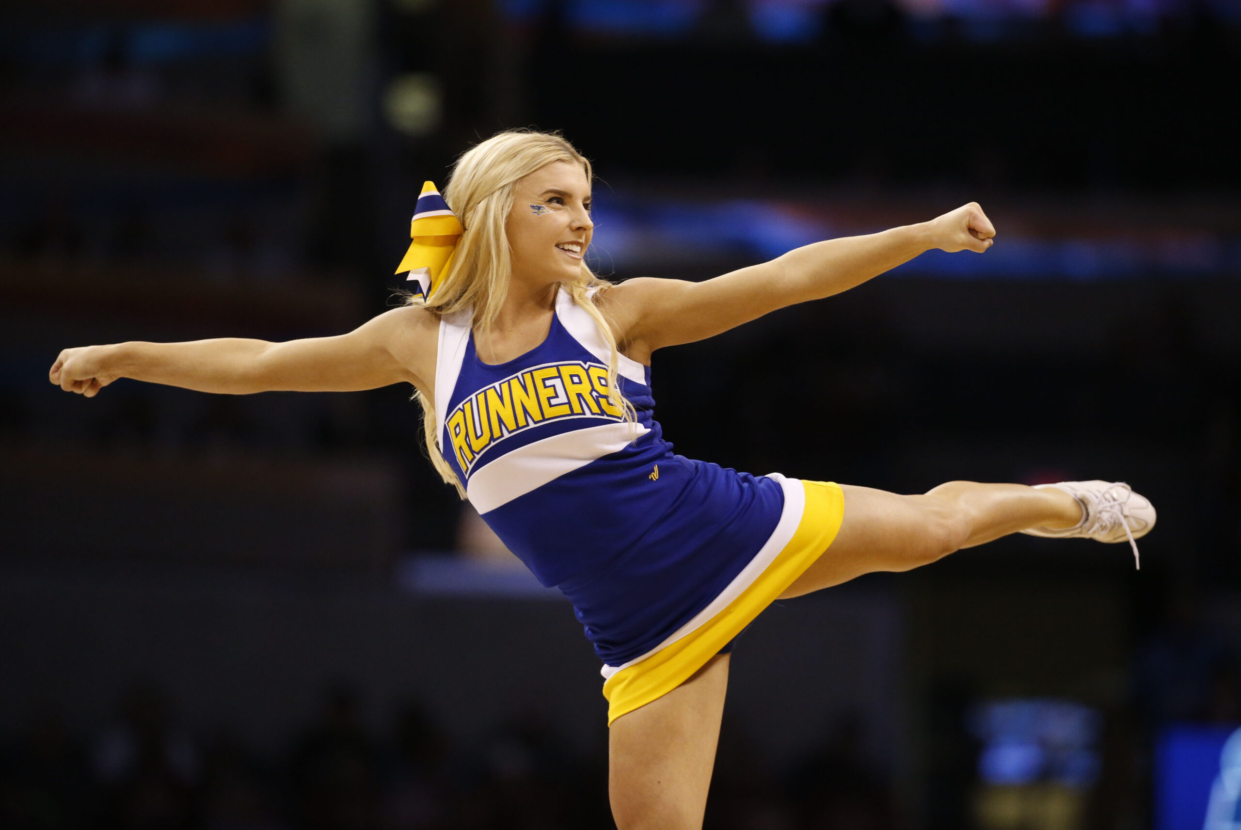 Mar 18, 2016; Oklahoma City, OK, USA; A Cal State Bakersfield Roadrunners cheerleader performs in the first half against the Oklahoma Sooners during the first round of the 2016 NCAA Tournament at Chesapeake Energy Arena. Mandatory Credit: Kevin Jairaj-Imagn Images