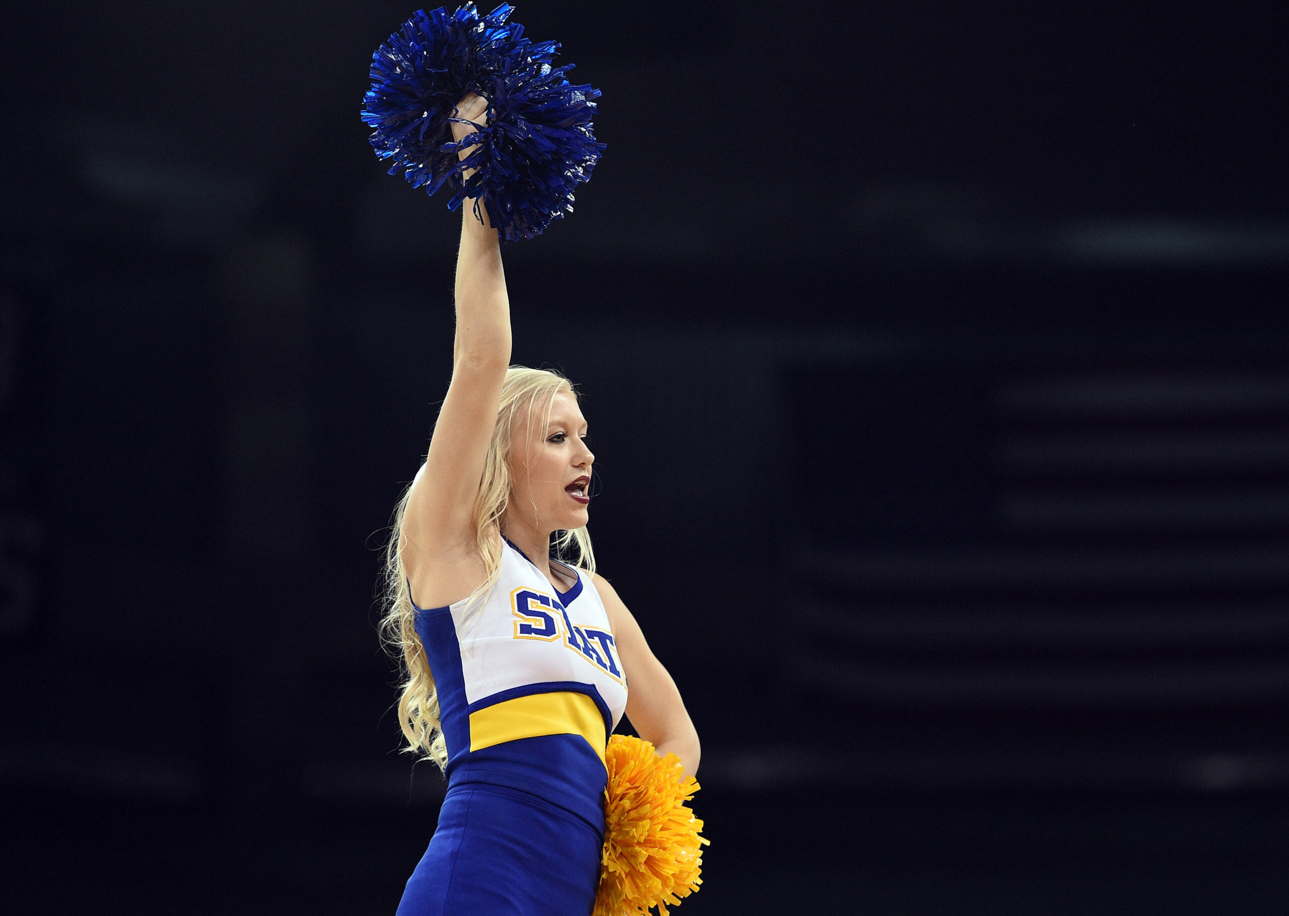 March 18, 2016; Spokane , WA, USA; South Dakota State Jackrabbits cheerleader performs during the first half at Spokane Veterans Memorial Arena. Mandatory Credit: Kyle Terada-Imagn Images