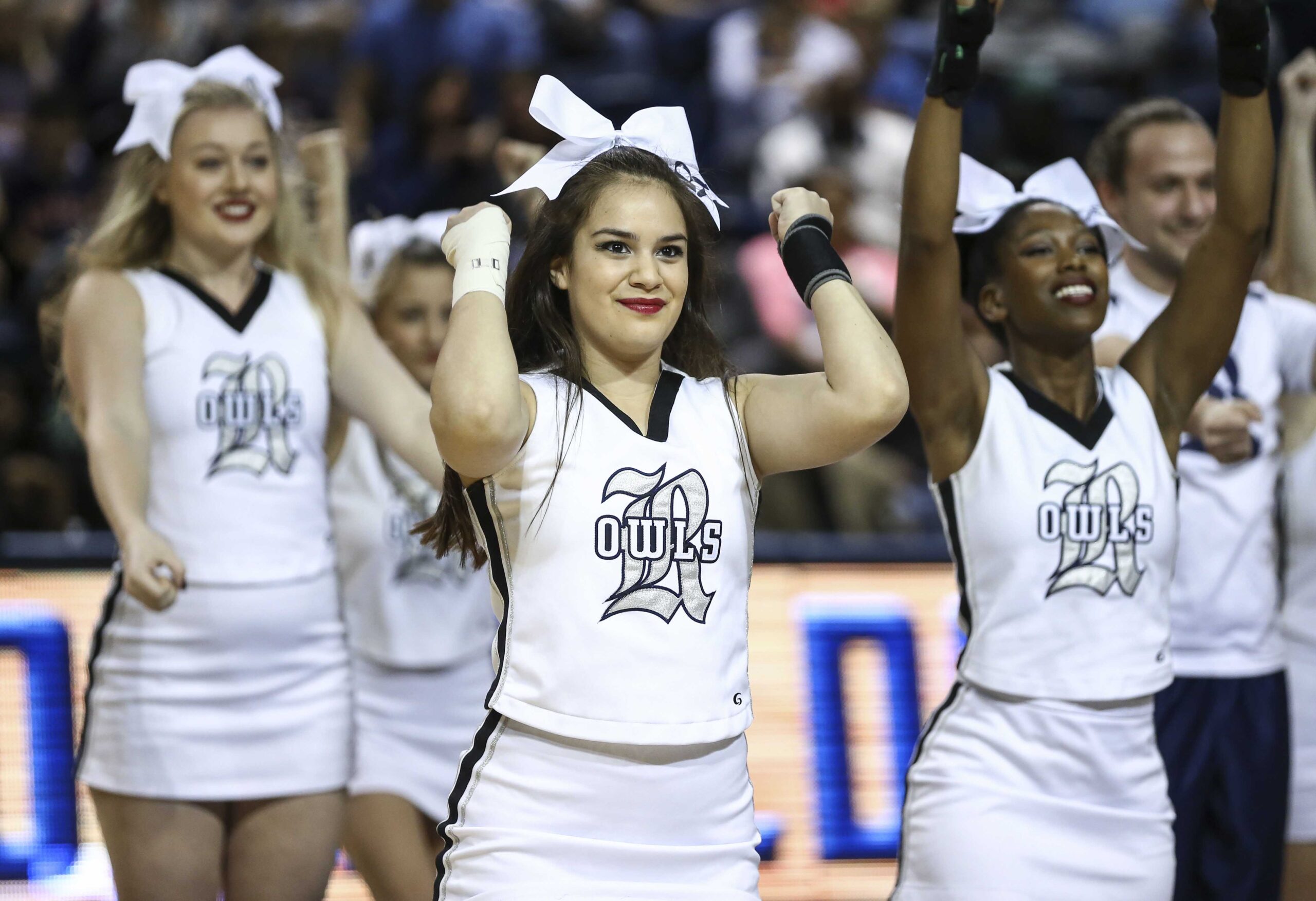 Jan 14, 2017; Houston, TX, USA; Rice Owls cheerleaders perform during the second half against the North Texas Mean Green at Tudor Fieldhouse. Mandatory Credit: Troy Taormina-Imagn Images