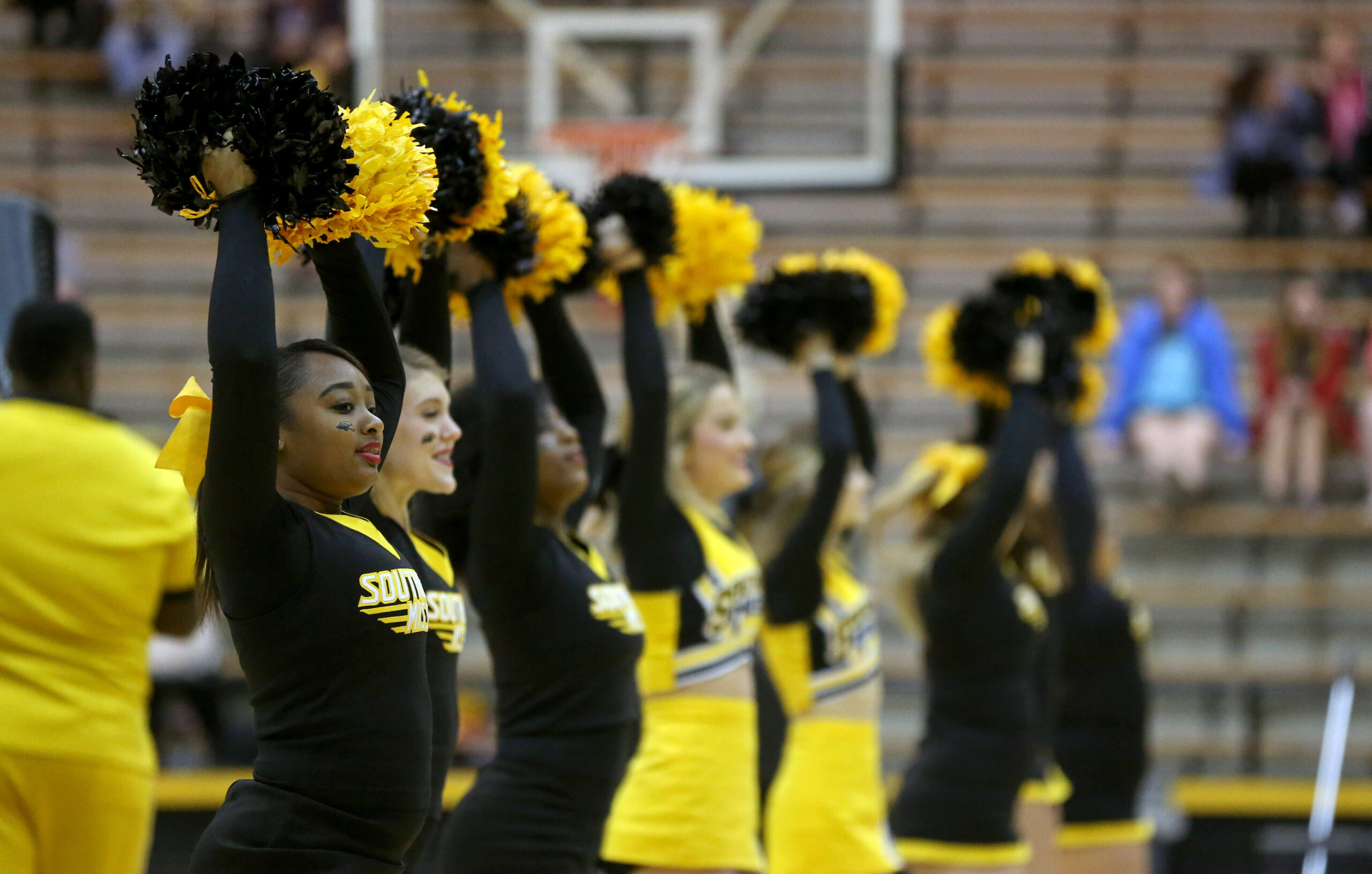 Jan 19, 2017; Hattiesburg, MS, USA; The Southern Miss Golden Eagles cheerleaders perform during their game against the North Texas Mean Green in the second half at Reed Green Coliseum. Southern Miss won, 75-65. Mandatory Credit: Chuck Cook-Imagn Images