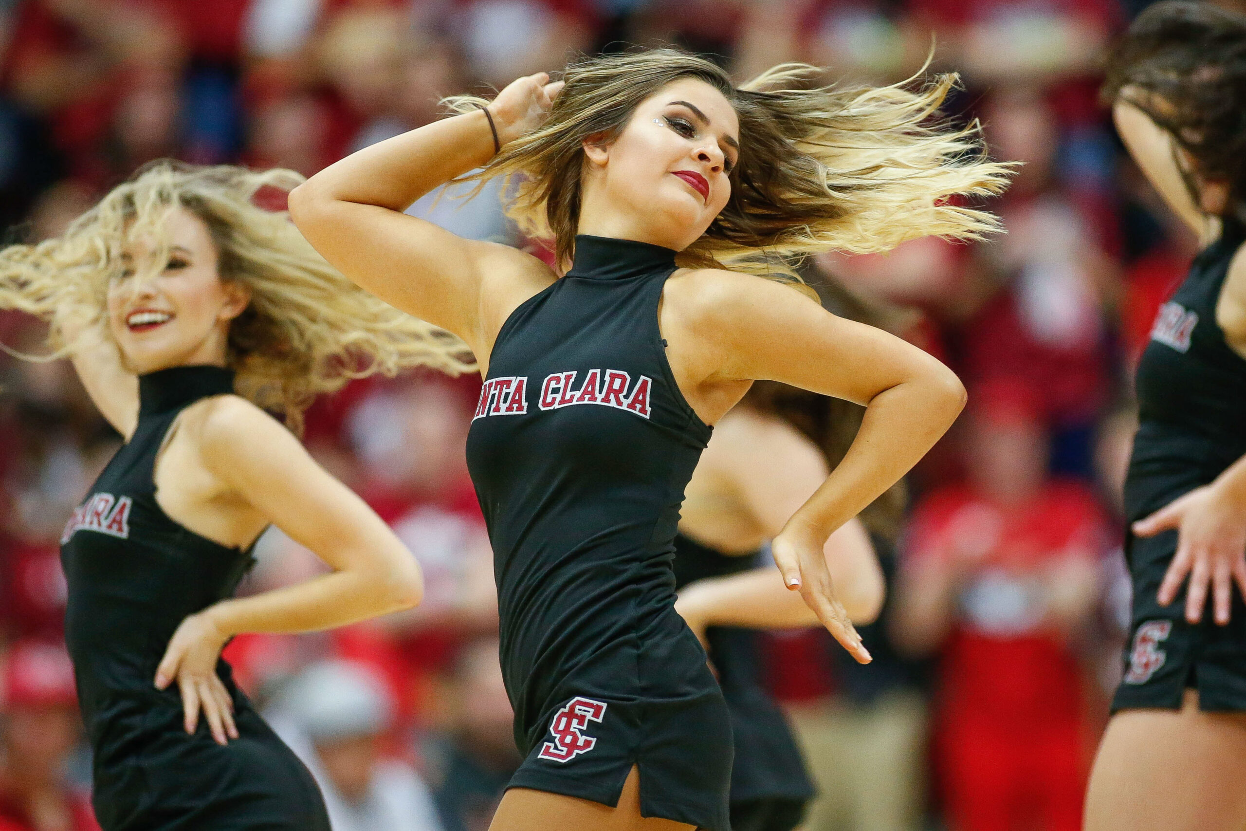 Jan 19, 2017; Santa Clara, CA, USA; Santa Clara Broncos cheerleader perform during the second half of the game against the Gonzaga Bulldogs at Leavey Center.  The Gonzaga Bulldogs defeated the Santa Clara Broncos with a score of 88-57. Mandatory Credit: Stan Szeto-Imagn Images