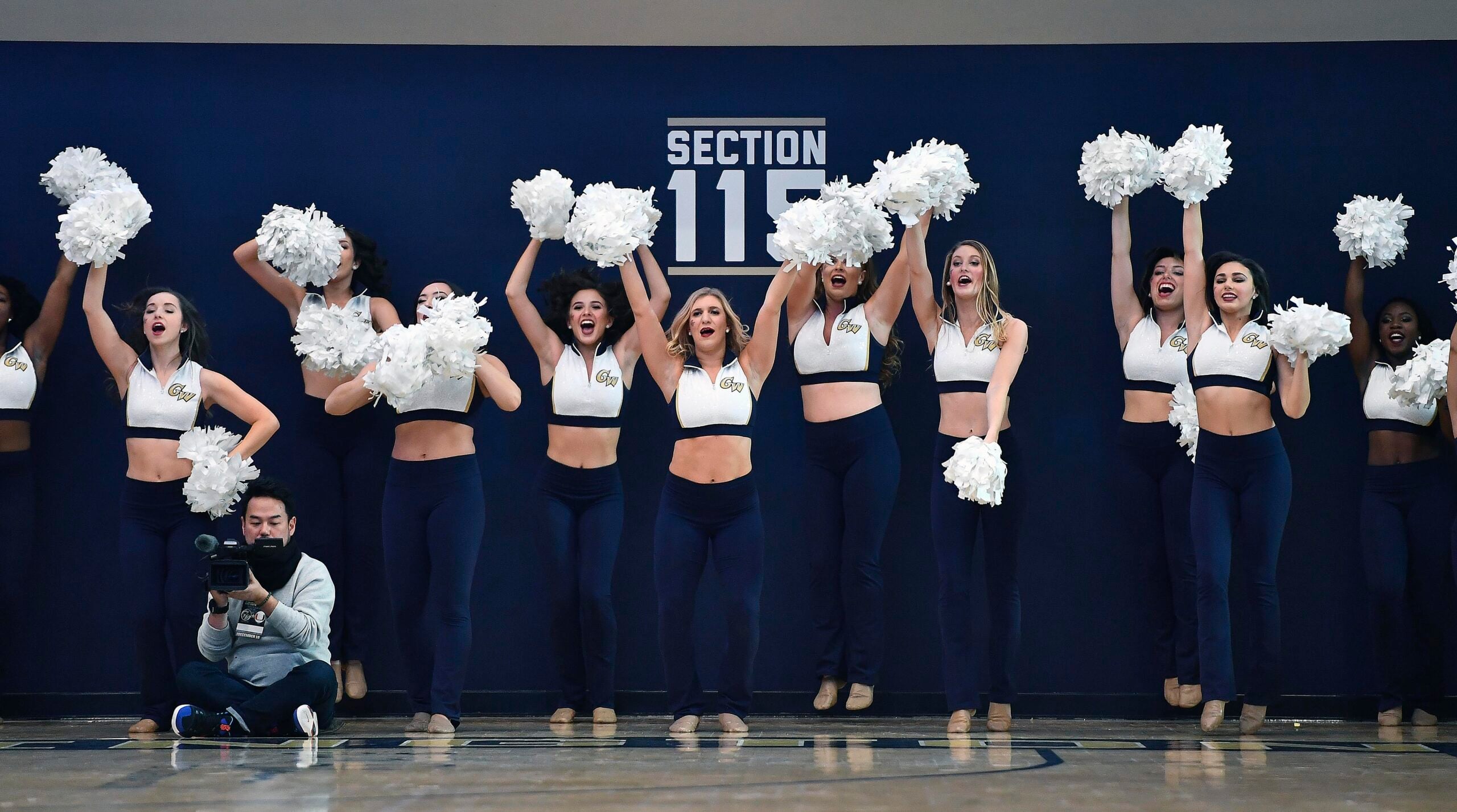 Dec 16, 2017; Washington, DC, USA; George Washington Colonials cheerleaders perform against the Miami (Fl) Hurricanes during the first half at Charles E. Smith Center. Mandatory Credit: Brad Mills-Imagn Images