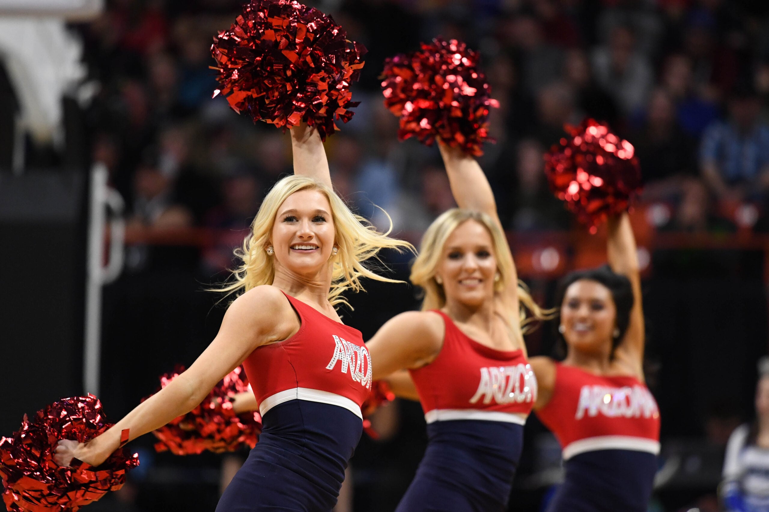 Mar 15, 2018; Boise, ID, USA; Arizona Wildcats cheerleaders perform in the first half against the Buffalo Bulls during the first round of the 2018 NCAA Tournament at Taco Bell Arena. Mandatory Credit: Kyle Terada-Imagn Images