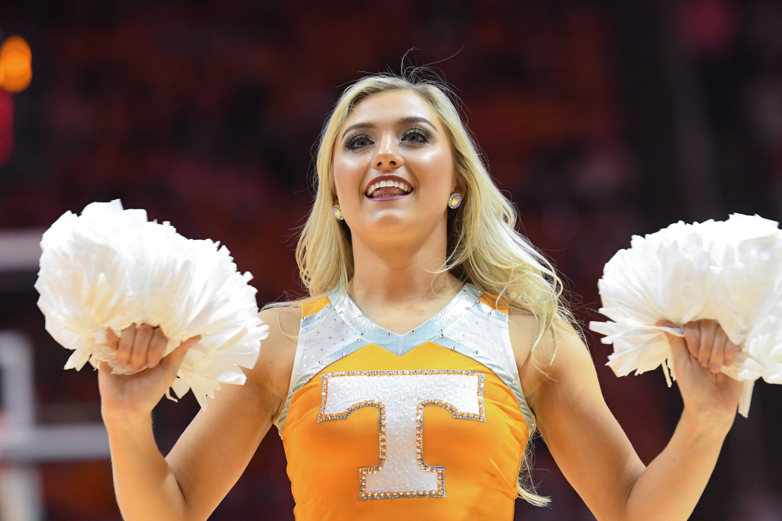 Feb 9, 2019; Knoxville, TN, USA; A Tennessee Volunteers cheerleader performs during a time out in the game against the Florida Gators at Thompson-Boling Arena. Mandatory Credit: Randy Sartin-Imagn Images