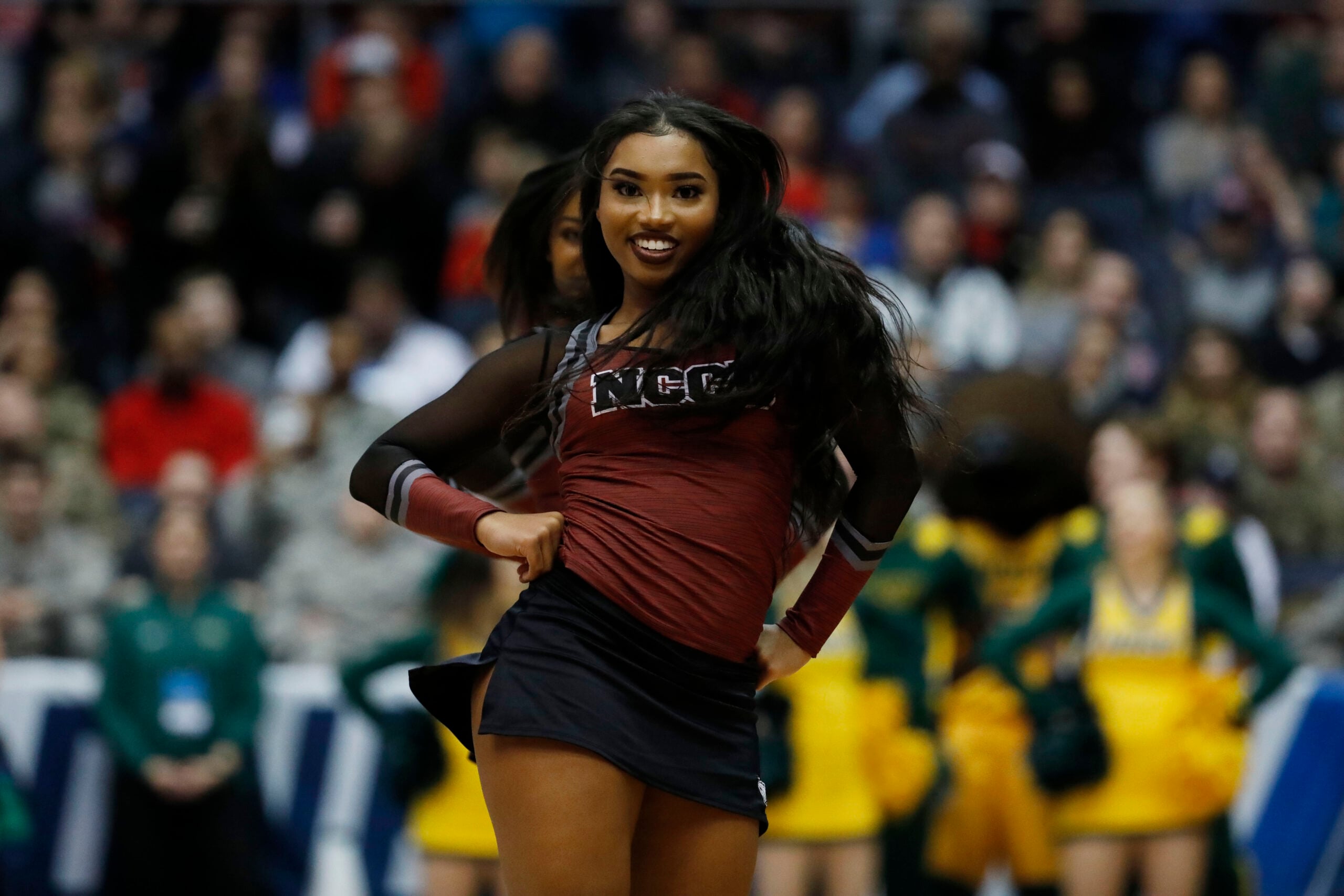 Mar 20, 2019; Dayton, OH, USA; North Carolina Central Eagles cheerleader in the second half against the North Dakota State Bison  in the First Four of the 2019 NCAA Tournament at Dayton Arena. Mandatory Credit: Rick Osentoski-Imagn Images