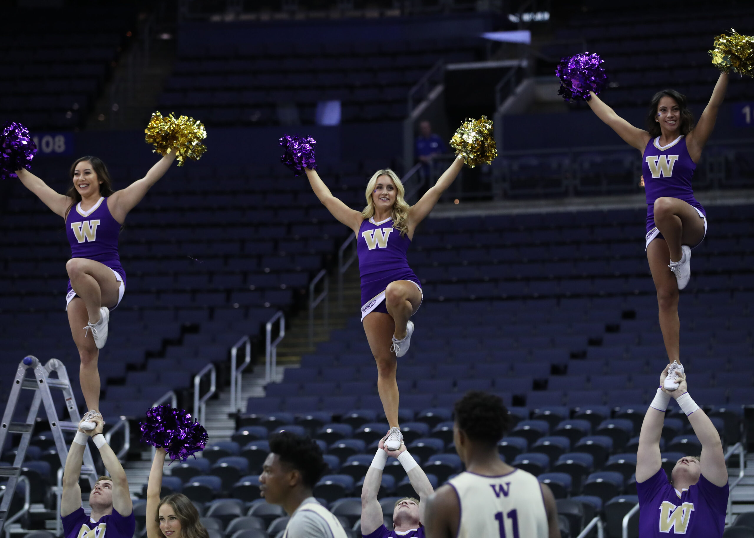 Mar 21, 2019; Columbus, OH, USA; Washington Huskies cheerleaders during practice before the first round of the 2019 NCAA Tournament at Nationwide Arena. Mandatory Credit: Kevin Jairaj-Imagn Images