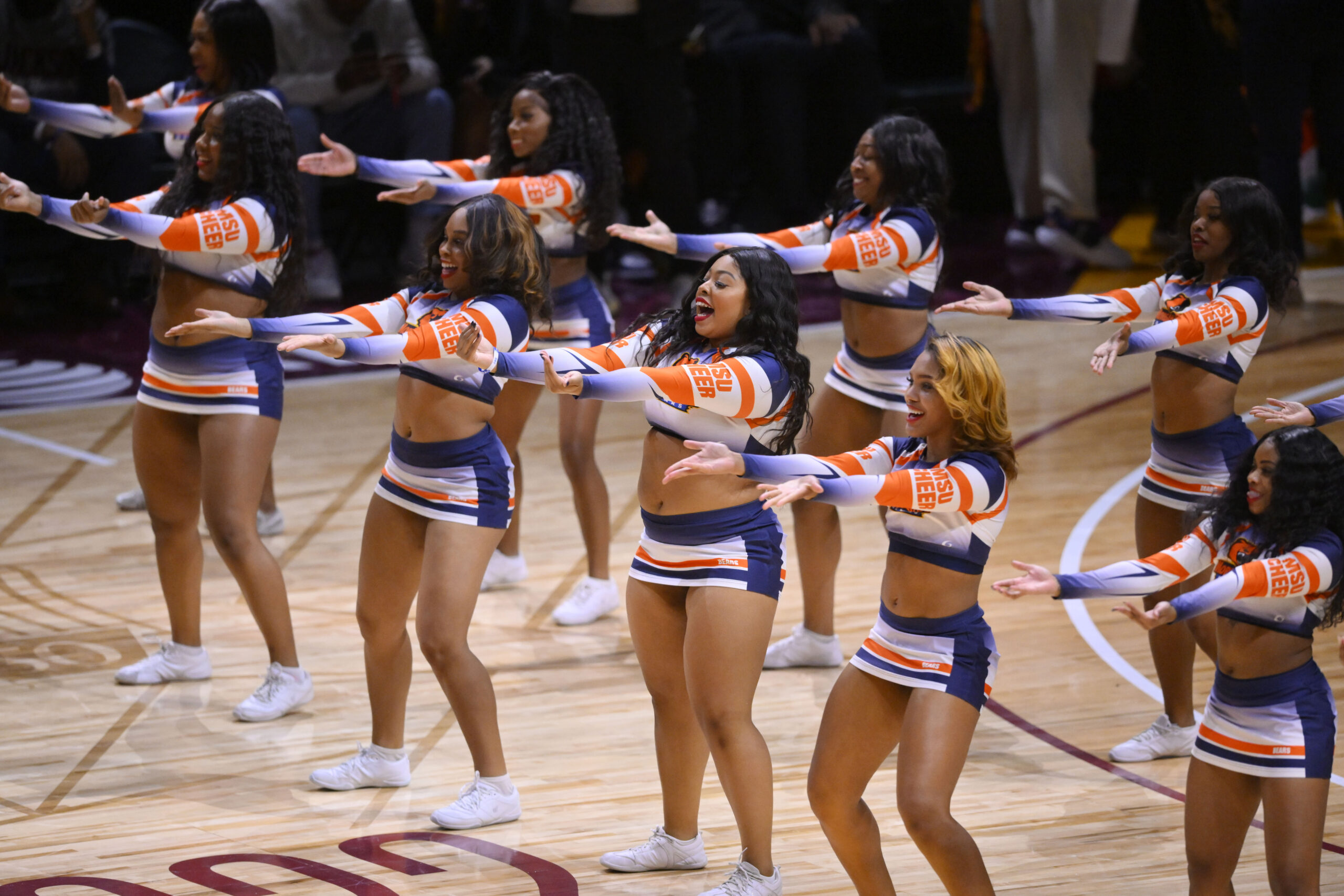Feb 19, 2022; Cleveland, OH, USA; The Morgan State Bears cheerleaders perform during the NBA HBCU Classic at Wolstein Center. Mandatory Credit: David Richard-Imagn Images