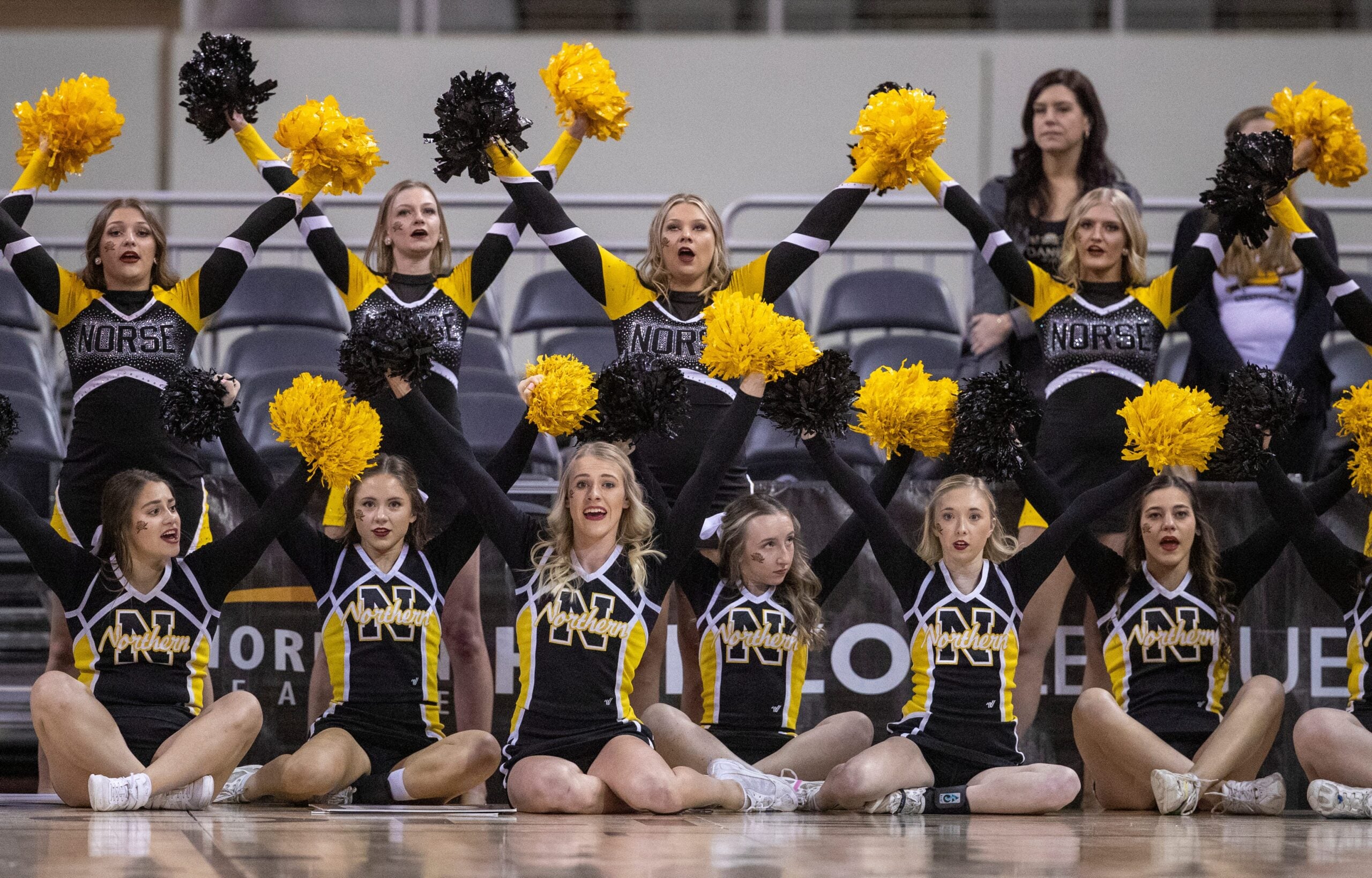 Northern Kentucky Norse cheerleaders, Monday, March 7, 2022, during Horizon League tournament men   s semifinal action from Indianapolis    Indiana Farmers Coliseum. NKU won 57-43.