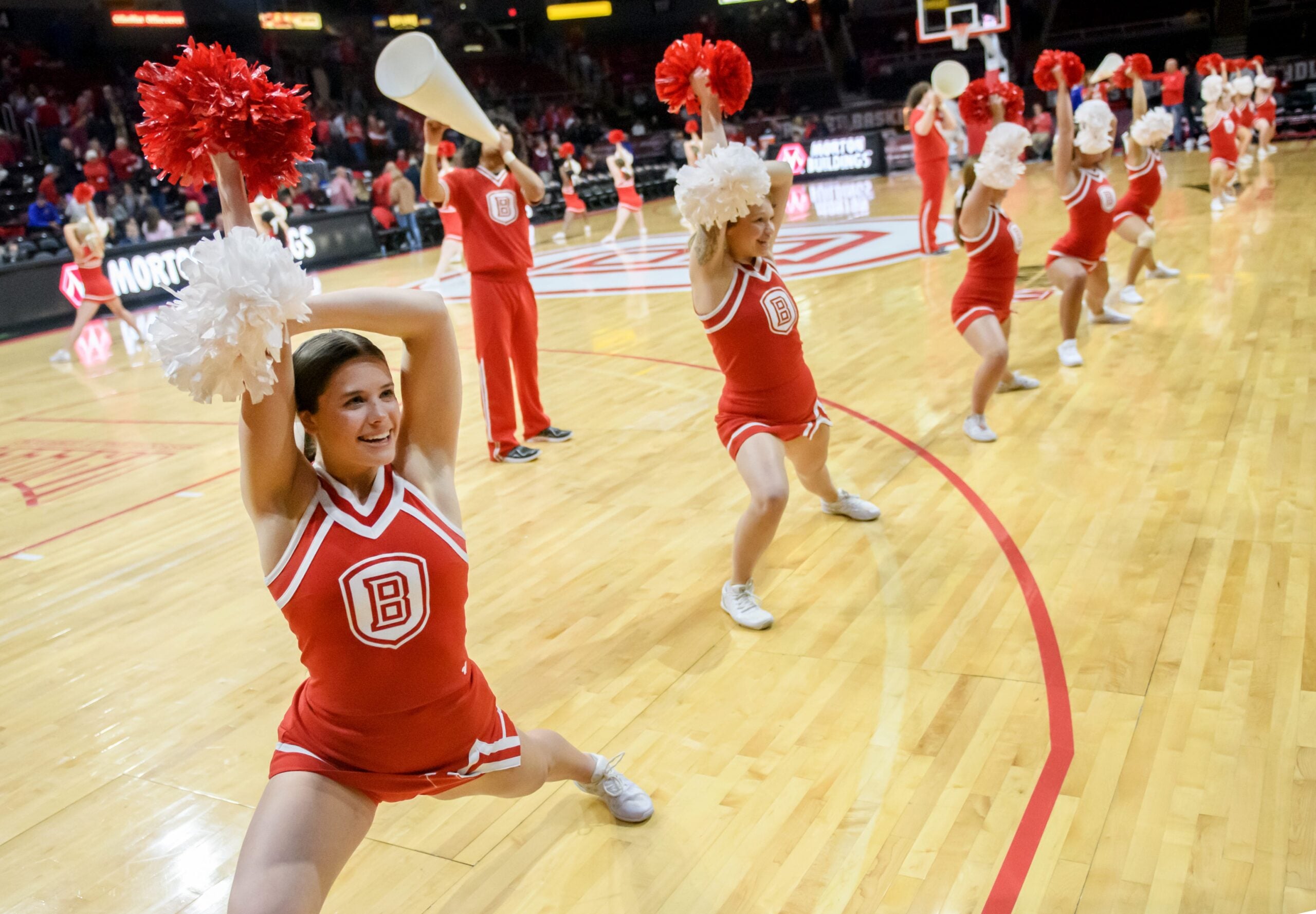 Bradley cheerleaders rev up the crowd at halftime of the Braves' season opener against UW-Parkside on Monday, Nov. 7, 2022 at Carver Arena. The Braves defeated the Rangers 93-59.