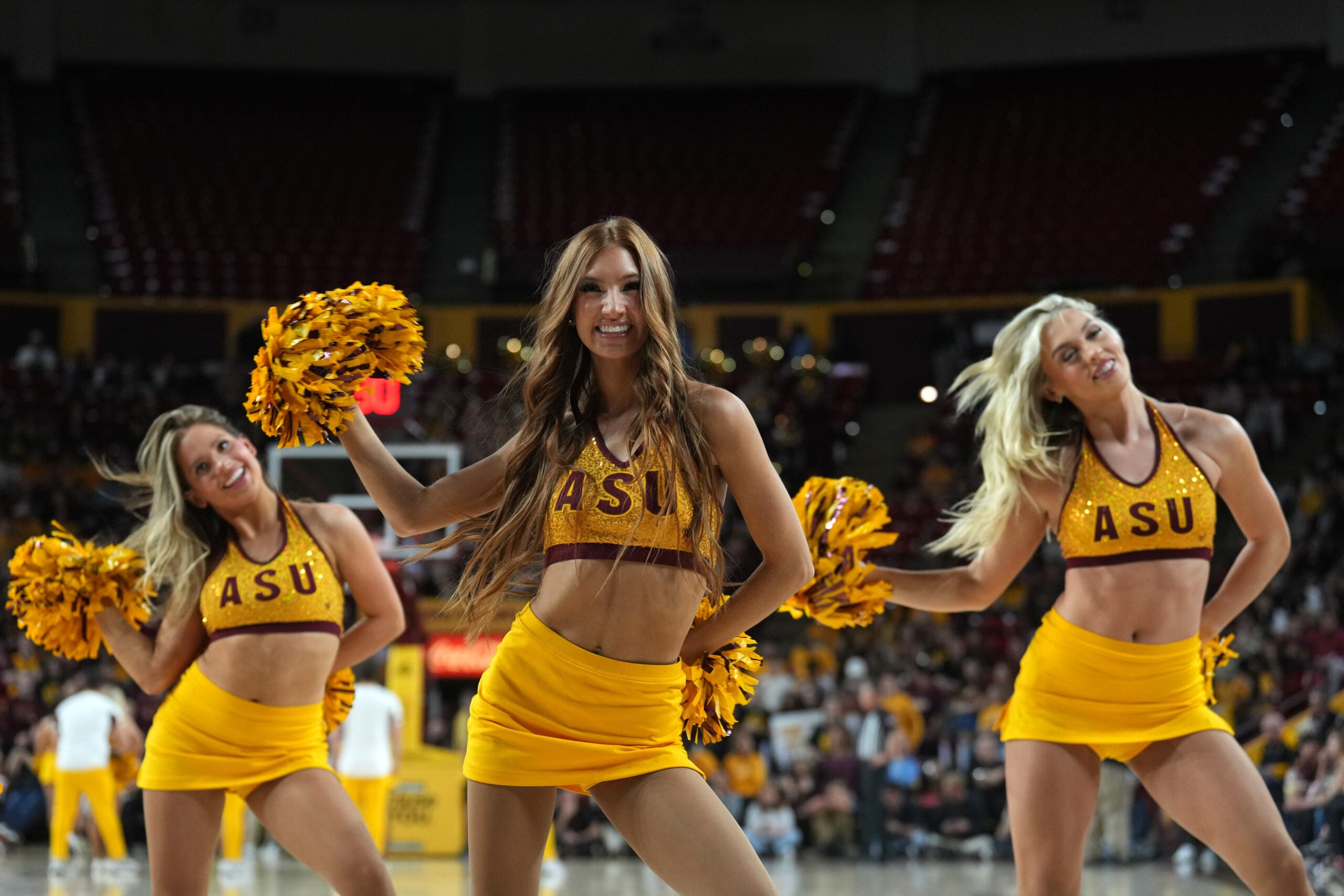 Jan 8, 2023; Tempe, Arizona, USA; Arizona State Sun Devils Cheerleaders perform during the first half of the game against the Washington Huskies at Desert Financial Arena. Mandatory Credit: Joe Camporeale-Imagn Images
