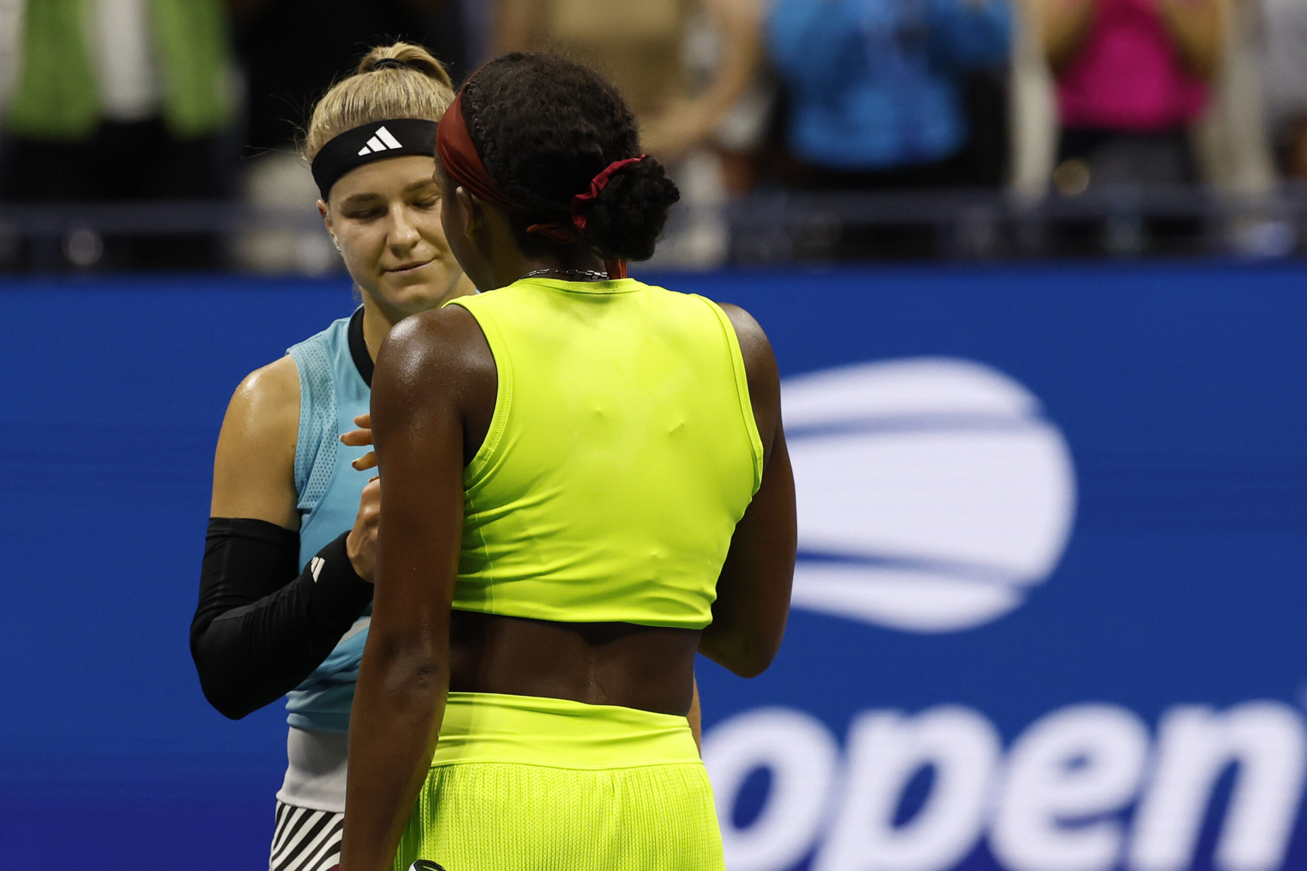 Sep 7, 2023; Flushing, NY, USA; Coco Gauff of the United States (R) shakes hands with Karolina Muchova of Czech Republic (L) after their match in a women's singles semifinal on day eleven of the 2023 U.S. Open tennis tournament at USTA Billie Jean King National Tennis Center. Mandatory Credit: Geoff Burke-Imagn Images