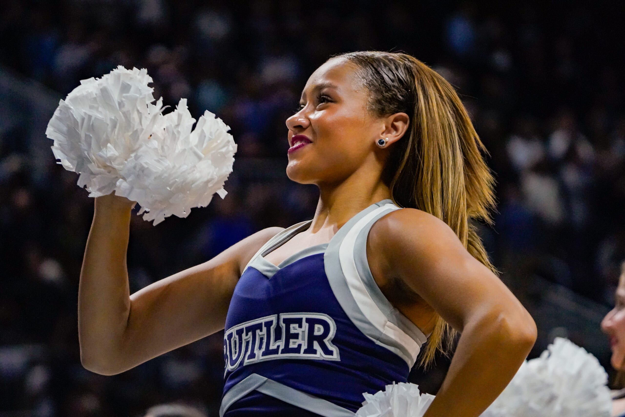 Buttler cheerleaders hype up the crowd during a game between the Butler Bulldogs and the California Golden Bears at Hinkle Fieldhouse on Saturday, Dec. 9, 2023 in Indianapolis.
