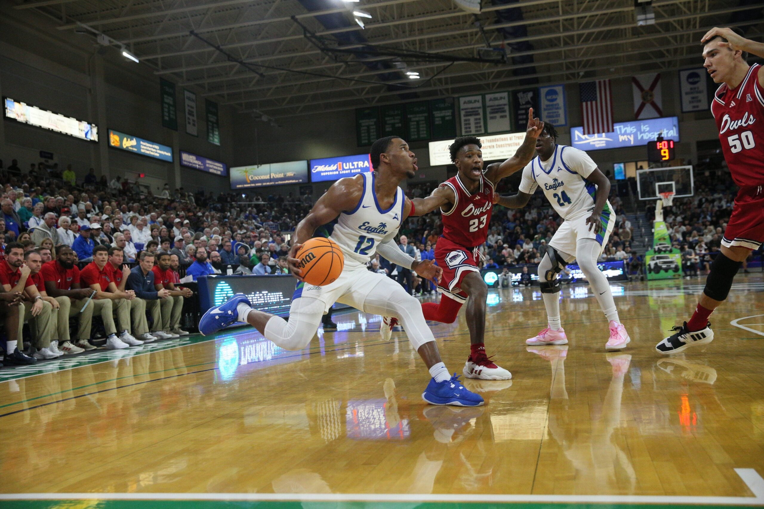 Action from a regular season game between the FGCU men  s basketball team and the #7 ranked FAU Owls at Alico Arena on Saturday, Dec. 30, 2023. FGCU stunned FAU 72-68.