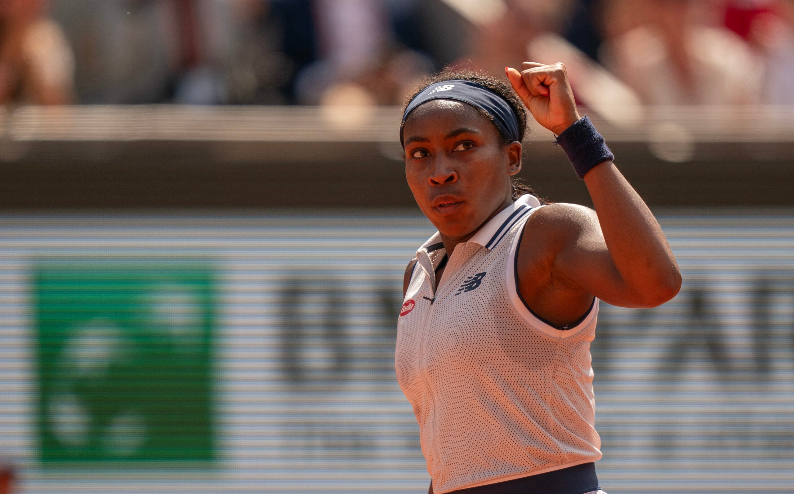 Jun 6, 2024; Paris, France; Coco Gauff of the United States reacts to a point during her match against Iga Swiatek of Poland on day 12 of Roland Garros at Stade Roland Garros. Mandatory Credit: Susan Mullane-Imagn Images