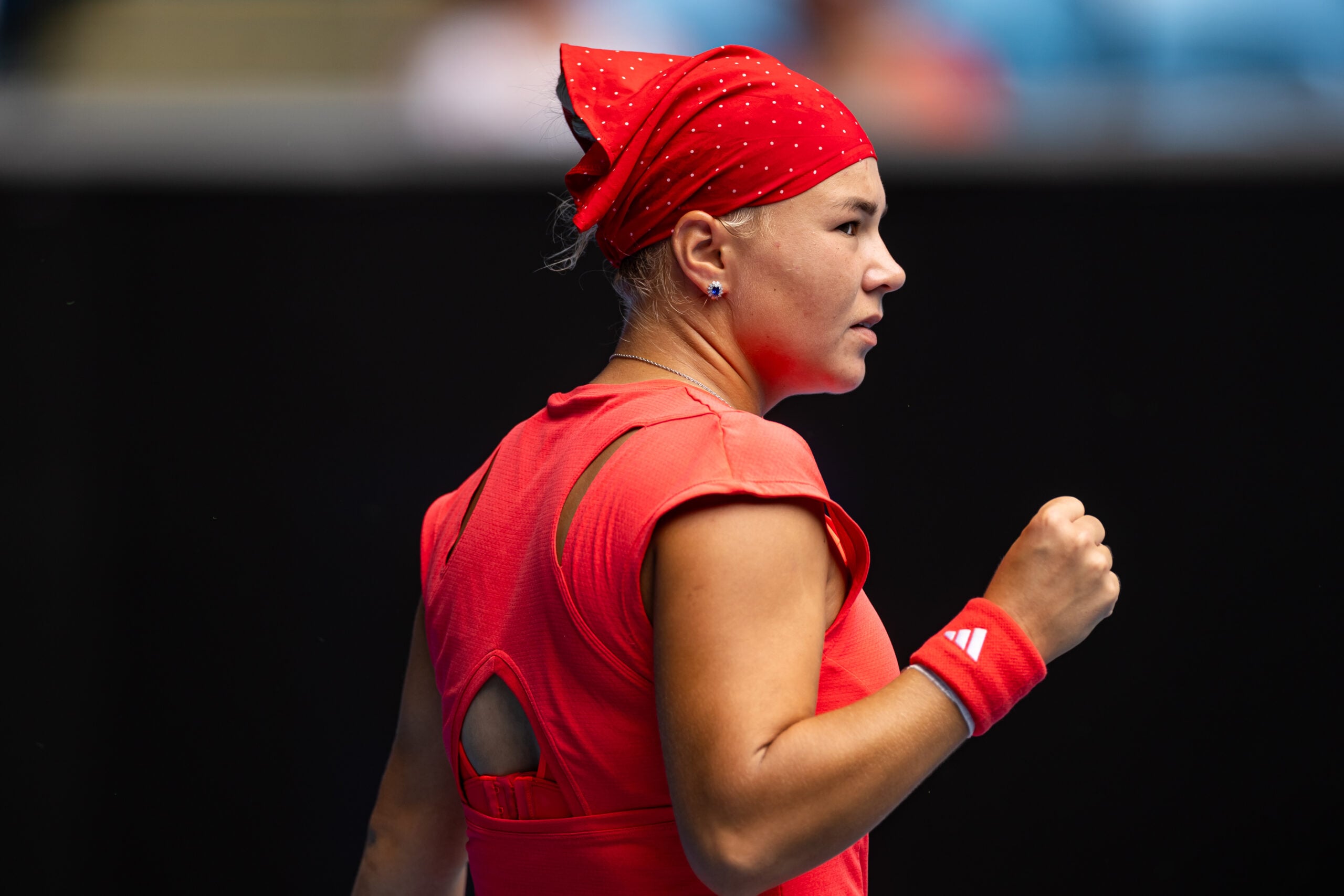 Jan 17, 2025; Melbourne, Victoria, Australia; Diana Shnaider celebrates during her match against Donna Vekic of Croatia in the third round of the women's singles at the 2025 Australian Open at Melbourne Park. Mandatory Credit: Mike Frey-Imagn Images