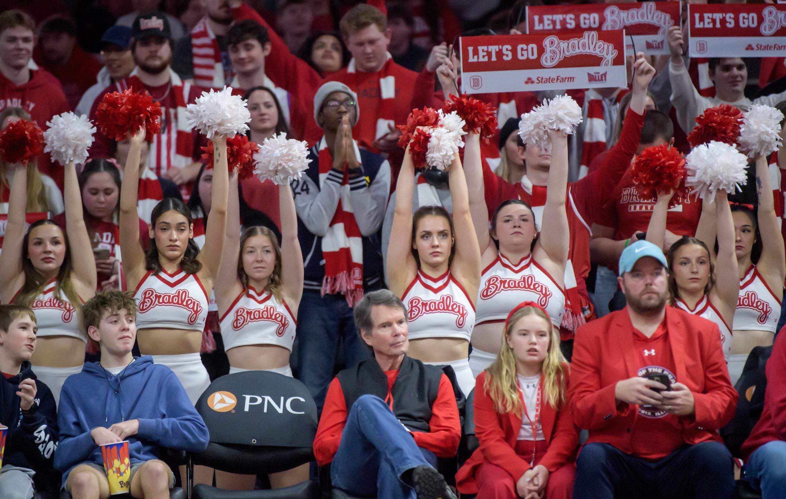 Cheerleaders and fans watch a Bradley free-throw as the Braves battle Illinois State in the second half of their MVC basketball game Saturday, Jan. 25, 2025 at Carver Arena in Peoria. The Braves defeated their I-74 rivals 61-57.