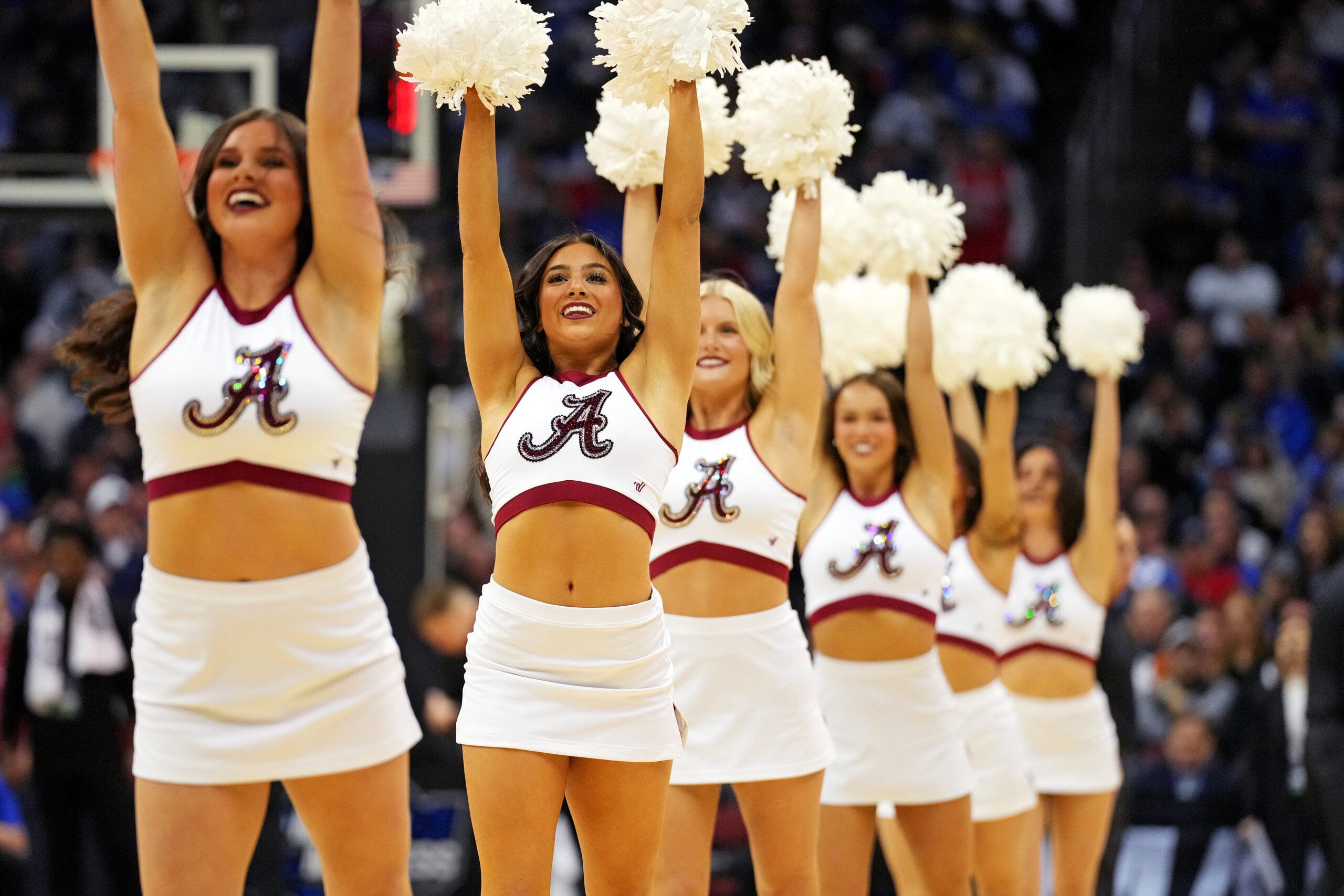 Mar 27, 2025; Newark, NJ, USA; The Alabama Crimson Tide cheerleader during the second half of an East Regional semifinal of the 2025 NCAA tournament between the Alabama Crimson Tide and the Brigham Young Cougars at Prudential Center. Mandatory Credit: Robert Deutsch-Imagn Images