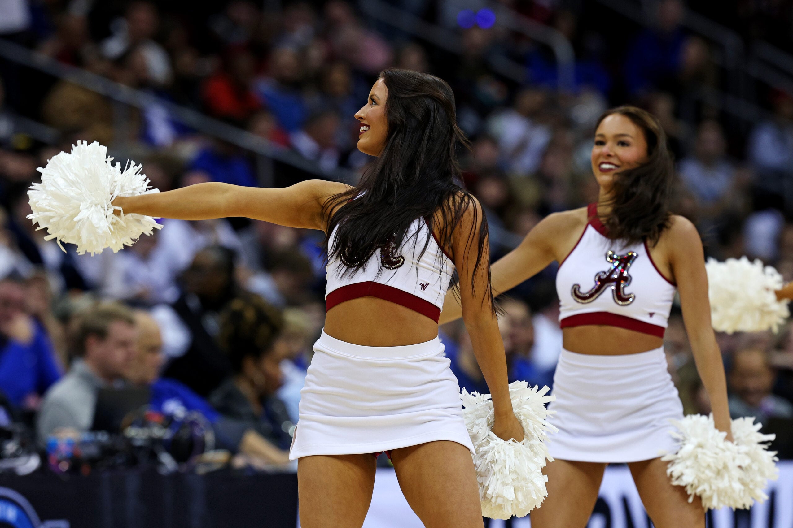 Mar 29, 2025; Newark, NJ, USA; Alabama Crimson Tide cheerleaders in the East Regional final of the 2025 NCAA tournament between the Duke Blue Devils and the Alabama Crimson Tideat Prudential Center. Mandatory Credit: Vincent Carchietta-Imagn Images