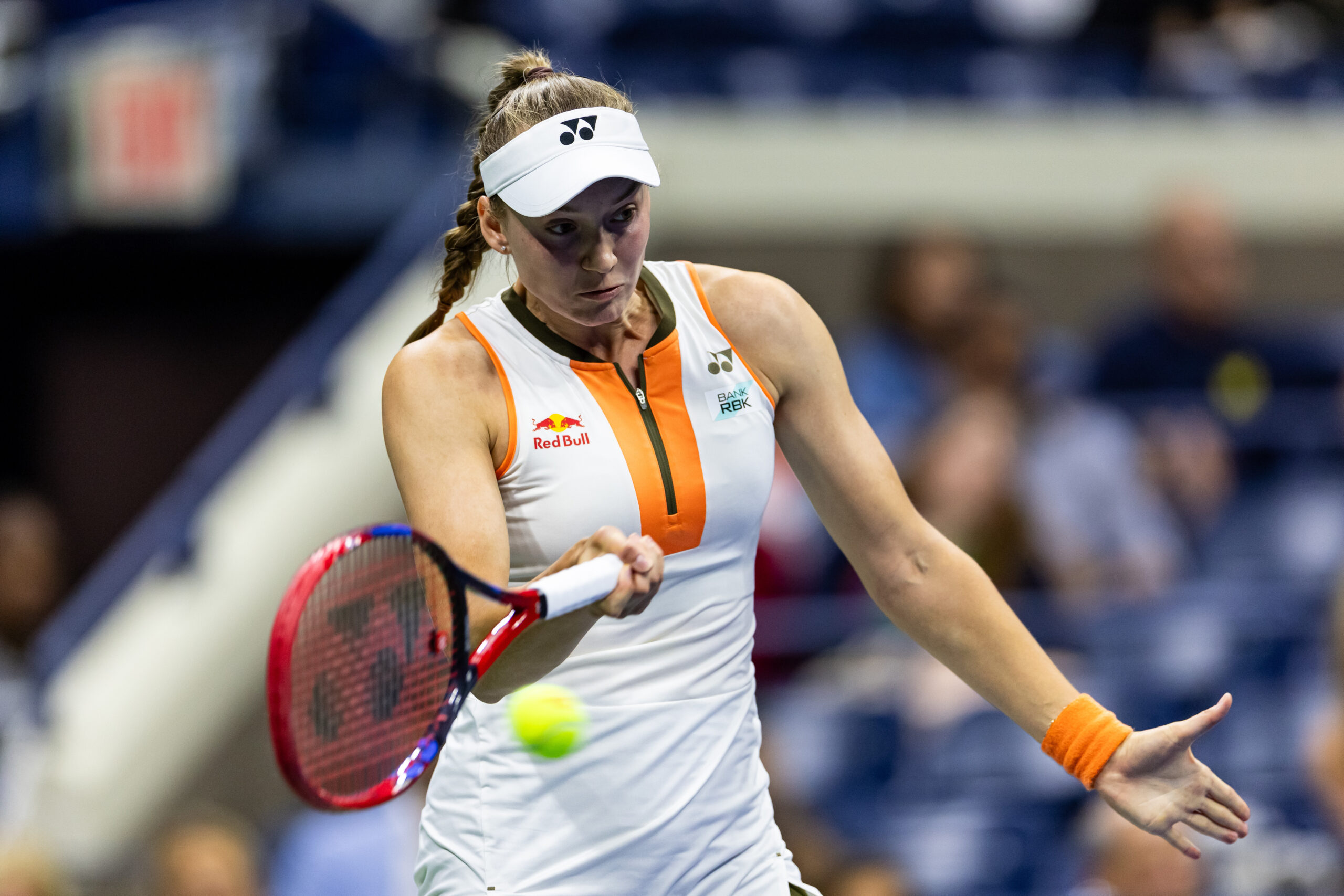 Aug 31, 2025; Flushing, NY, USA; Elena Rybakina of Kazakhstan in action against Marketa Vondrousova of Czech Republic in the fourth round of the women’s singles at the US Open at Arthur Ashe Stadium in Billie Jean King National Tennis Center. Mandatory Credit: Mike Frey-Imagn Images